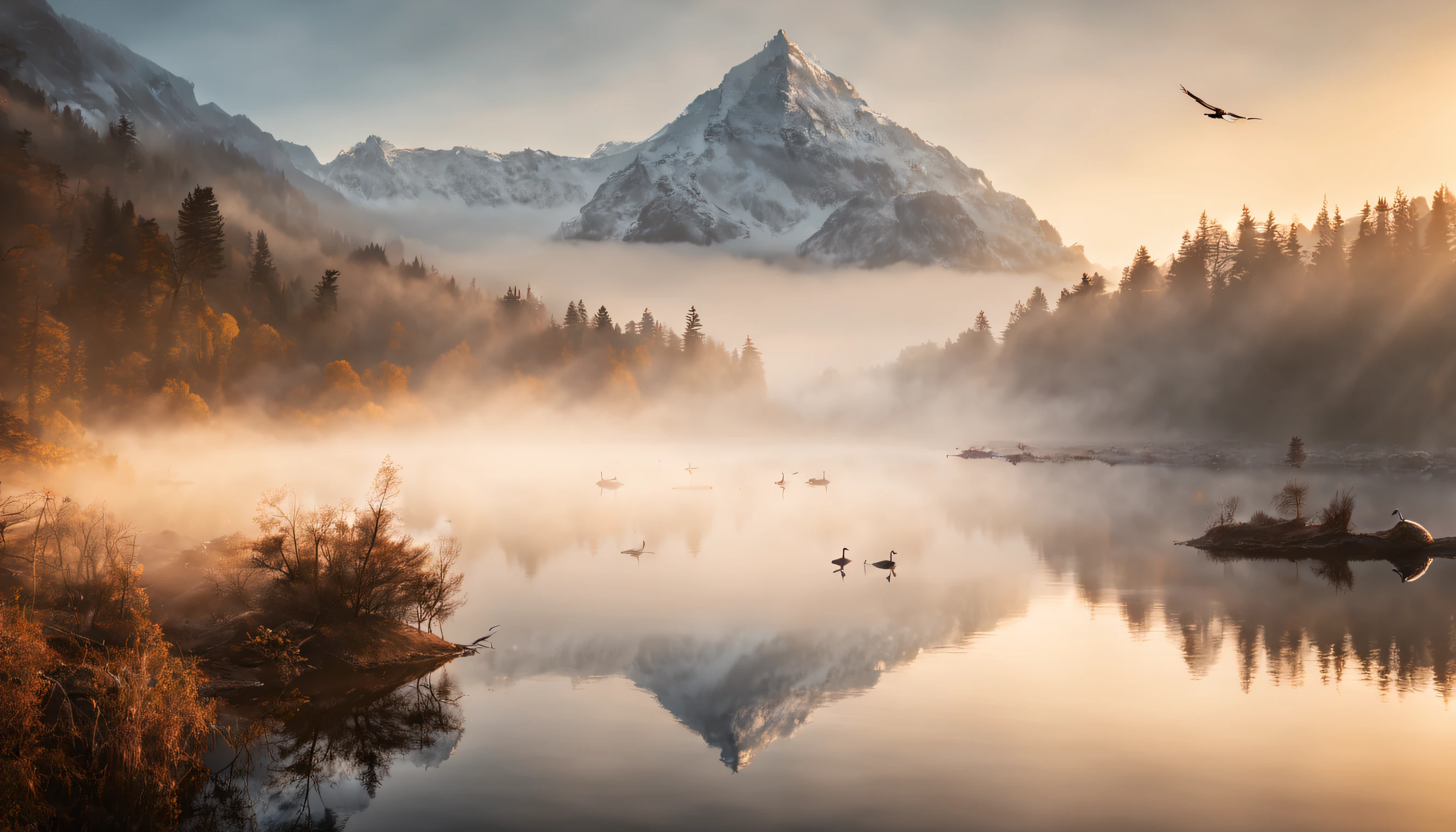 Beautiful landscape photography, Mountain, lake, geese, heavy fog, morning, mist, cinematic, log, raw, highly detail, 4k image, landscape photography