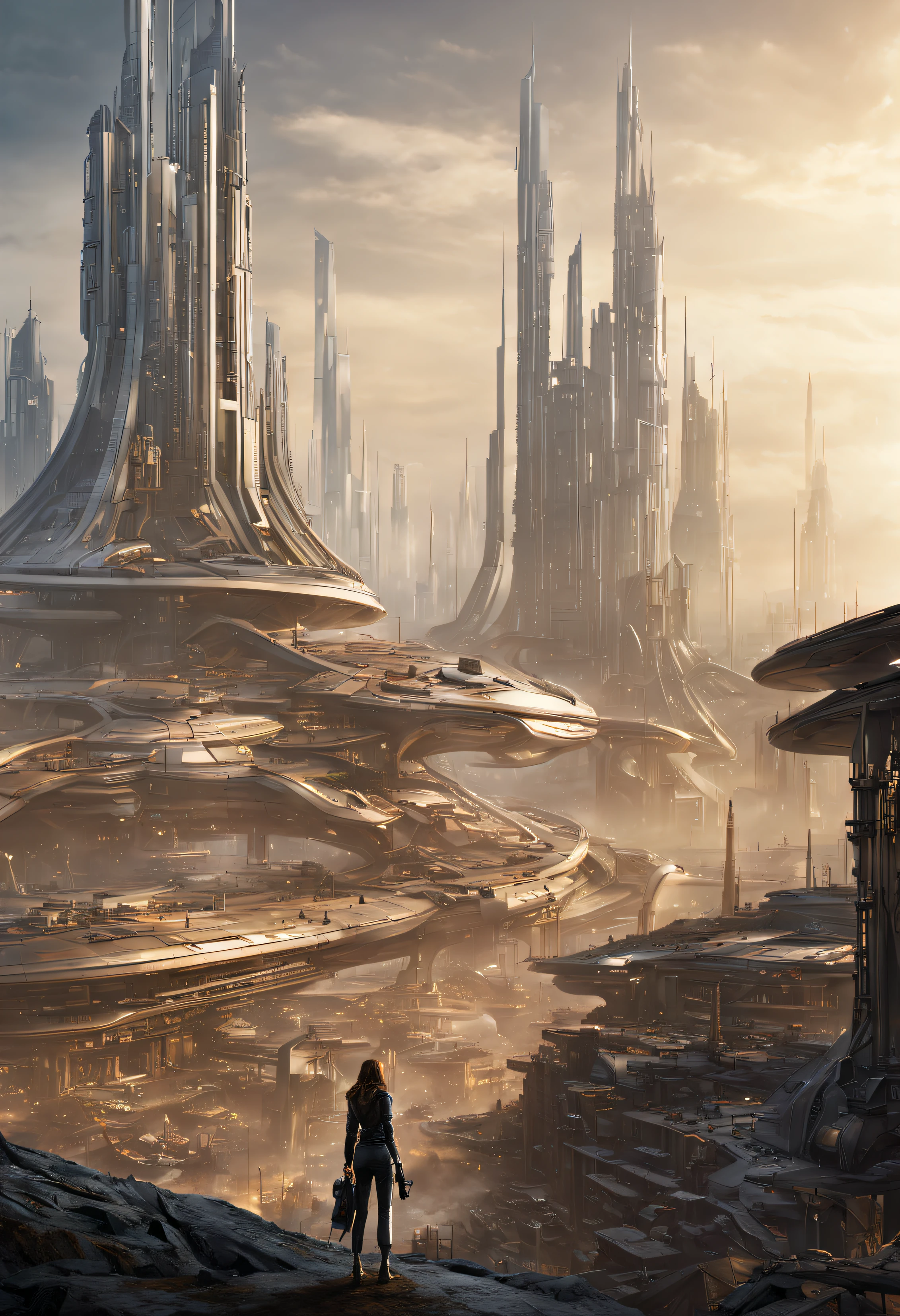 On an unknown planet there is a futuristic city with immense buildings of technological design, con estructuras acristaladas en plata, oro y bronce y maquinarias espectaculares en la que sobrevive un robot femenino espectacular.