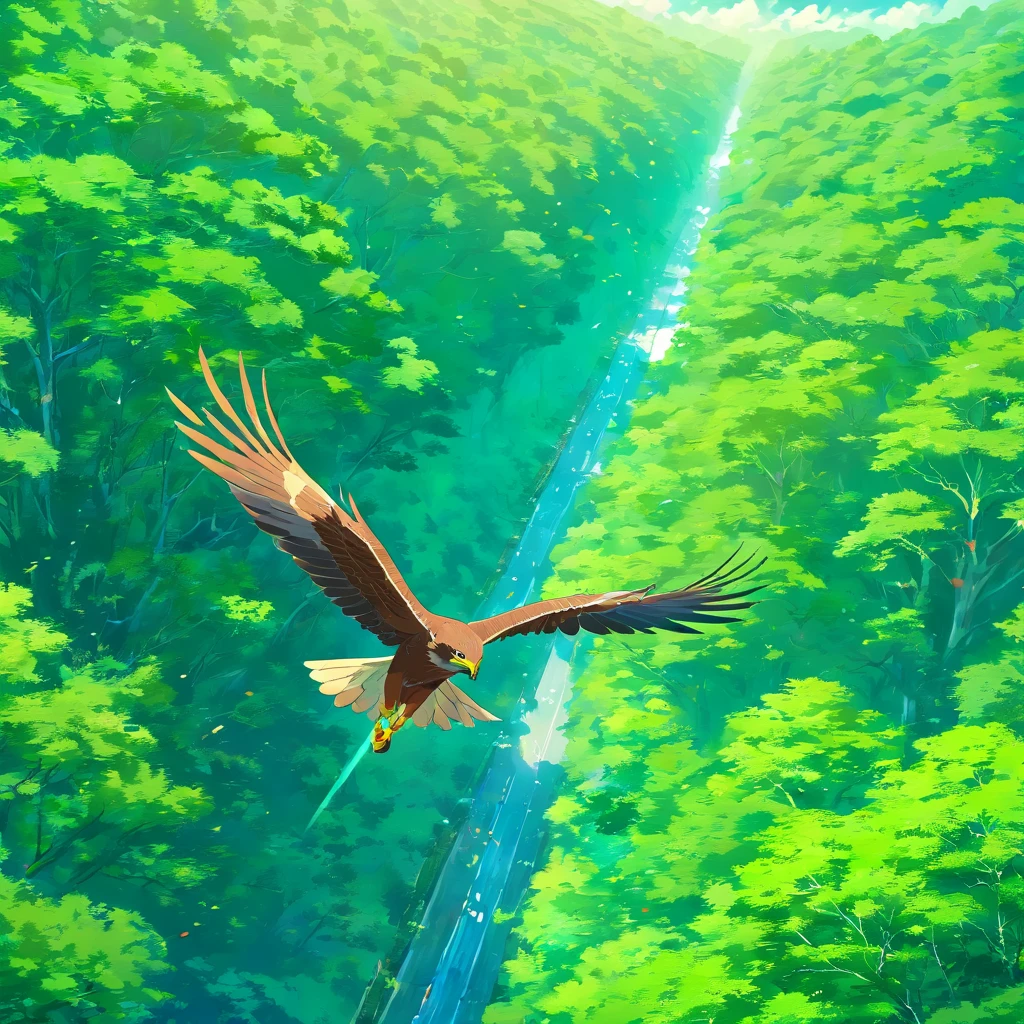 Hawk flying over the verdant forest