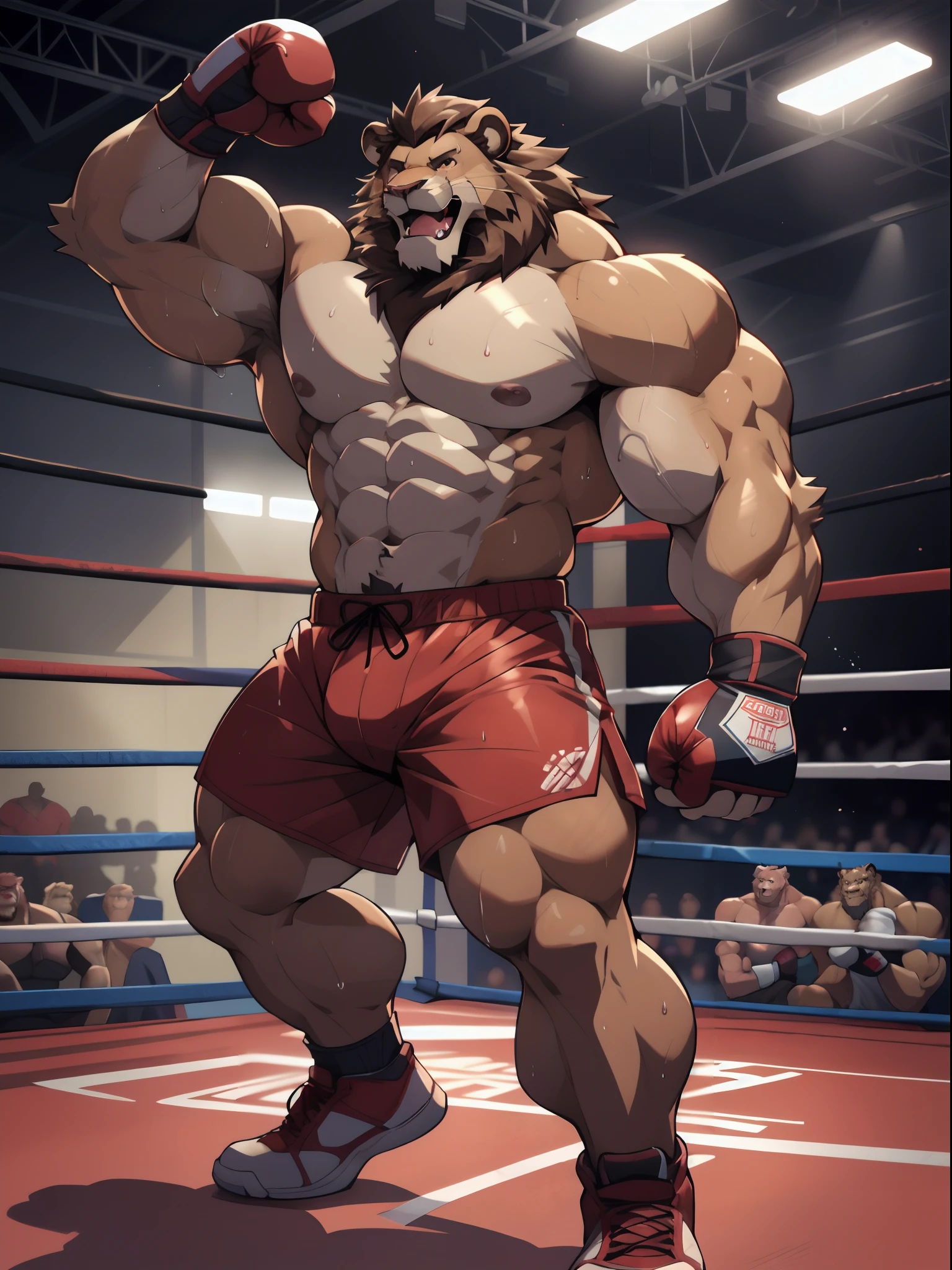 Lora:simba, full height. 4k, high resolution, best quality, posted on e621, solo, anthro body, male lion, adult, masculine, (skinny, strong pectorals, defined muscles, muscular shoulders), correct anatomy, (boxing ring background, gym background), (blurry background, out-of-focus background:1.2), (by wfa:1.0), (by takemoto arashi:1.0), (by Taran Fiddler:0.5), sexy, (cel shaded, cartoony shading:1.2), black lineart, black outline, flat coloring, (strong shadows, dark shadows:1.2), (pink shorts, topless, boxing gloves), sexy shadows, lion tail, slim posture, open mouth, sticking out tongue, open:1 eyes, detailed eyes, tilted head, exhausted, wet sweat:1.2, (bruised:1.6, shiner:1.2), lying