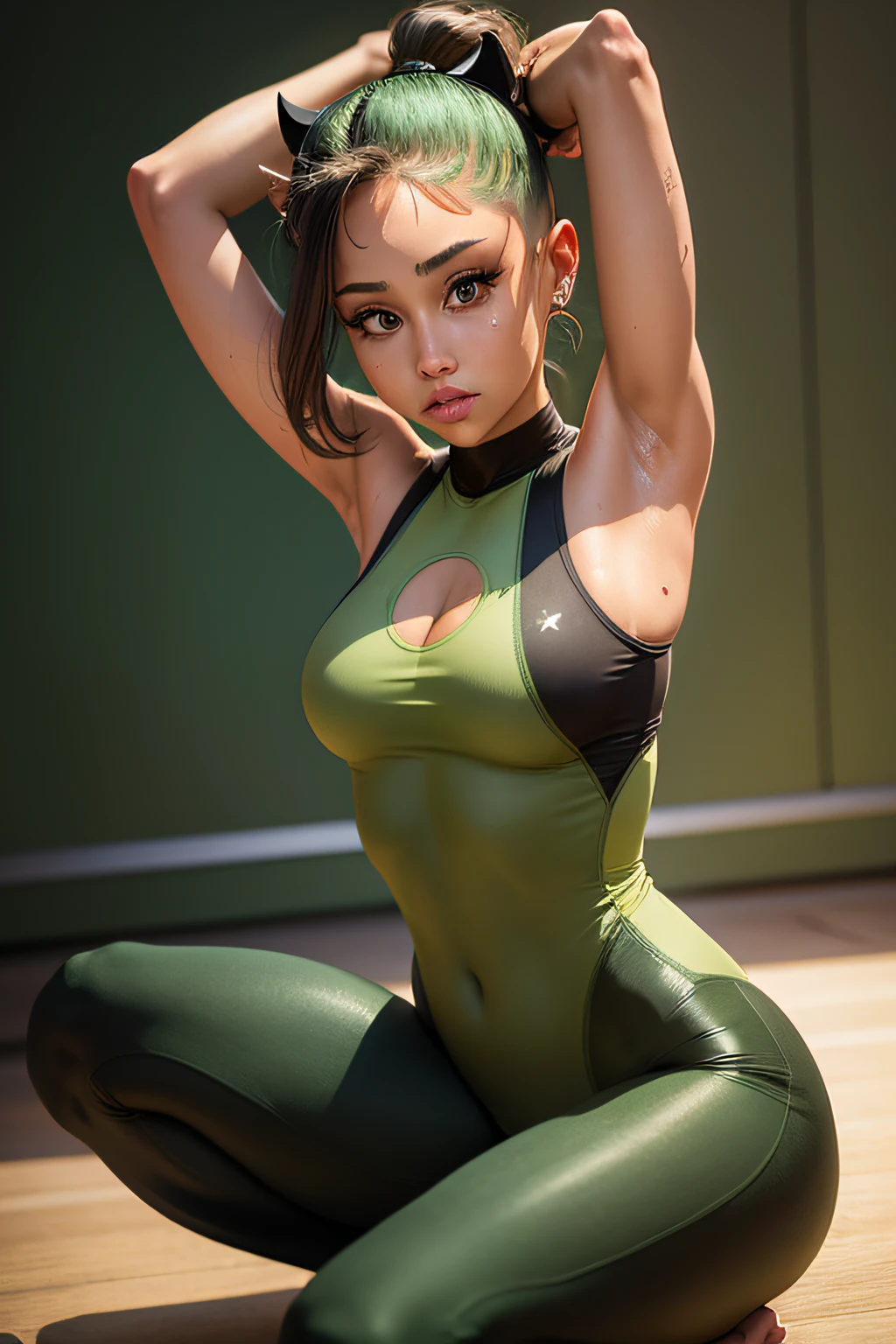 ariana grande, seductive yoga pose, dull green bodysuit, realistic, sweaty skin, realistic facial proportions