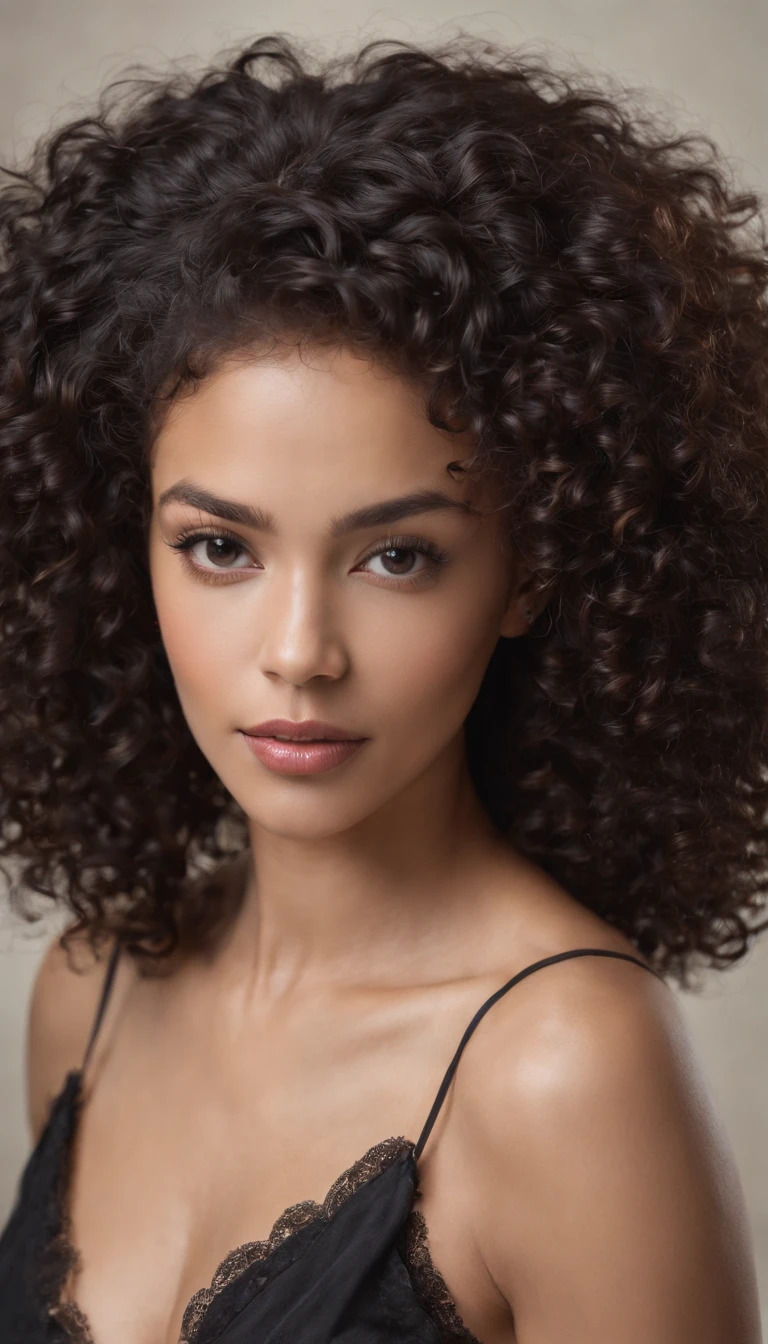A beautiful and amazing black Brazilian woman,portrait of upper body,Free curls, Black curly hair, (dark shorter curly hair), Wild black long curly hair, multiversal hair, Brazilian, Short black curly hair, Curly black hair, Curls, wavy hair spread out, Baroque curls, curlies, curly, Fair curly hair, Hair texture, curly bang