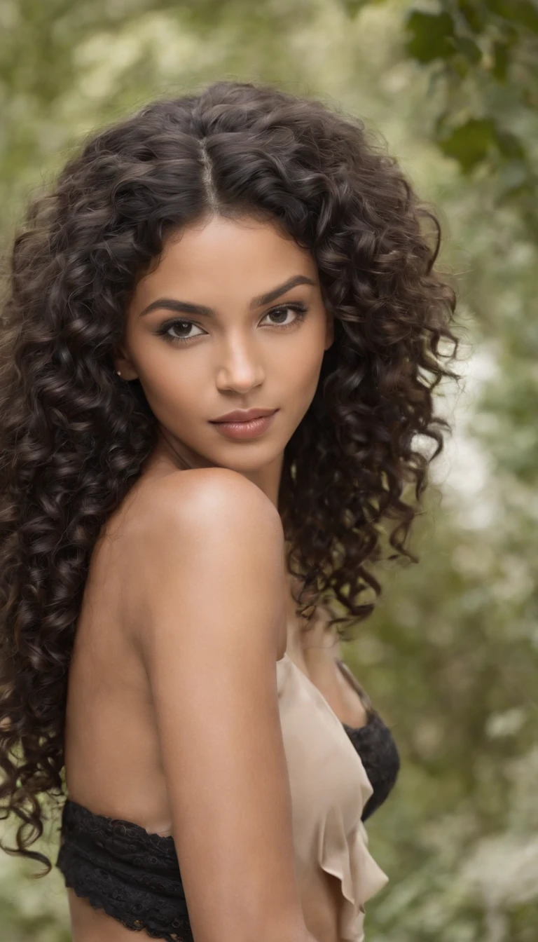 A beautiful nude and amazing black Brazilian woman,portrait of upper body,Free curls, Black curly hair, (dark shorter curly hair), Wild black long curly hair, multiversal hair, Brazilian, Short black curly hair, Curly black hair, Curls, wavy hair spread out, Baroque curls, curlies, curly, Fair curly hair, Hair texture, curly bang