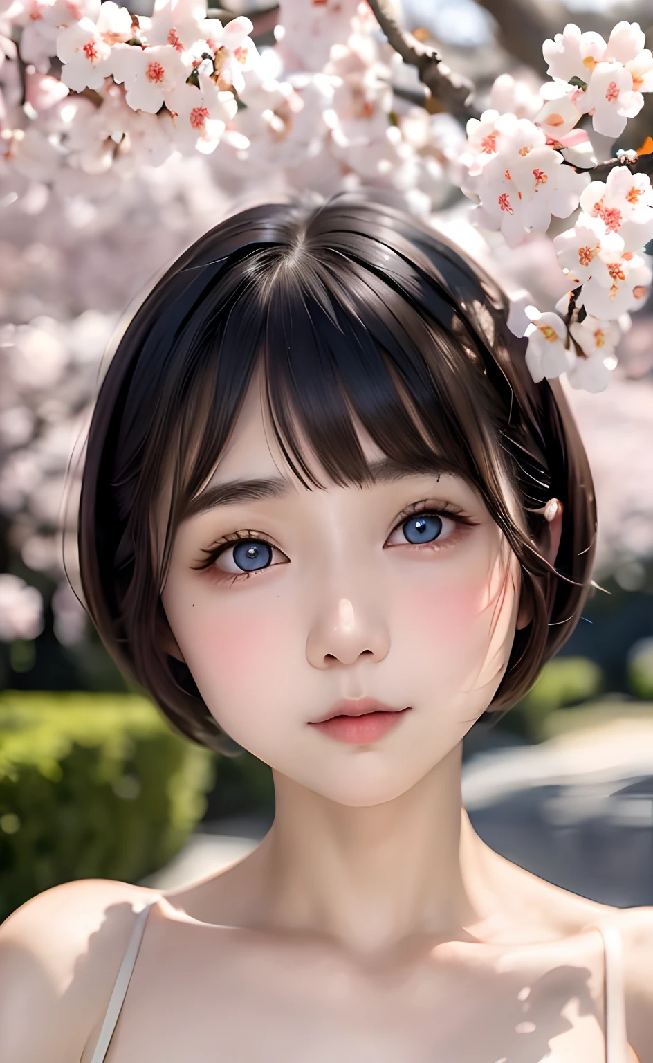 masutepiece:1.2, High quality, Best Quality, High resolution, Detailed, Hyper realistic, girl with, very short gray hair, pixie cut hair, Blue eyes, Head tilt, Sunset, cherry blossom, Portrait,Natural look, (Detailed face), ((Sharp Focus)), ((Face)), The upper part of the body_Body