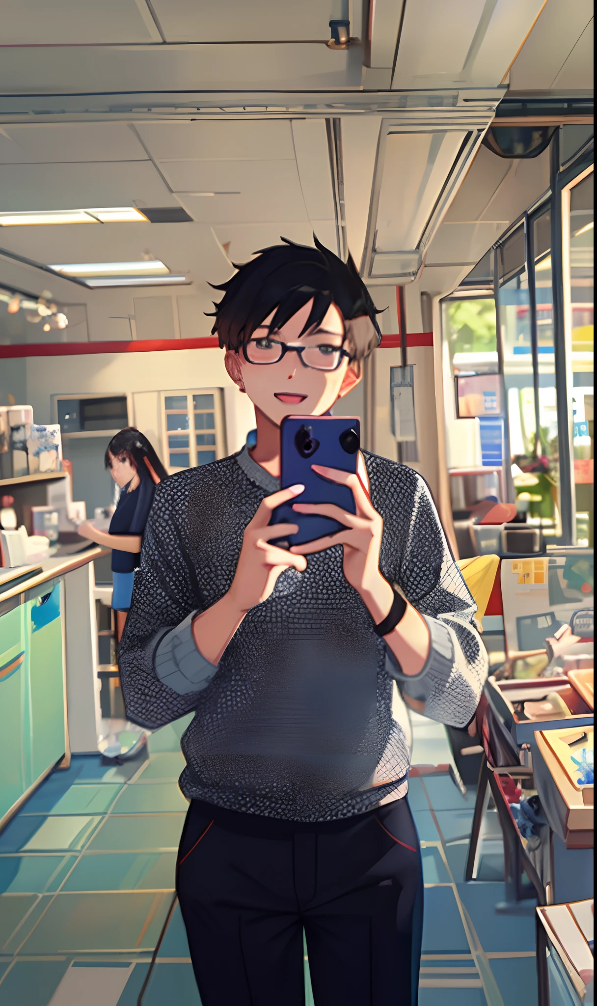 there is a boy that is taking a picture of himself in the mirror, artwork in the style of guweiz, realistic anime 3 d style, digital anime illustration, lofi portrait, anime style mixed with fujifilm, realistic anime art style, anime styled digital art, anime realism style, painted in anime painter studio, lofi artstyle, detailed digital anime art