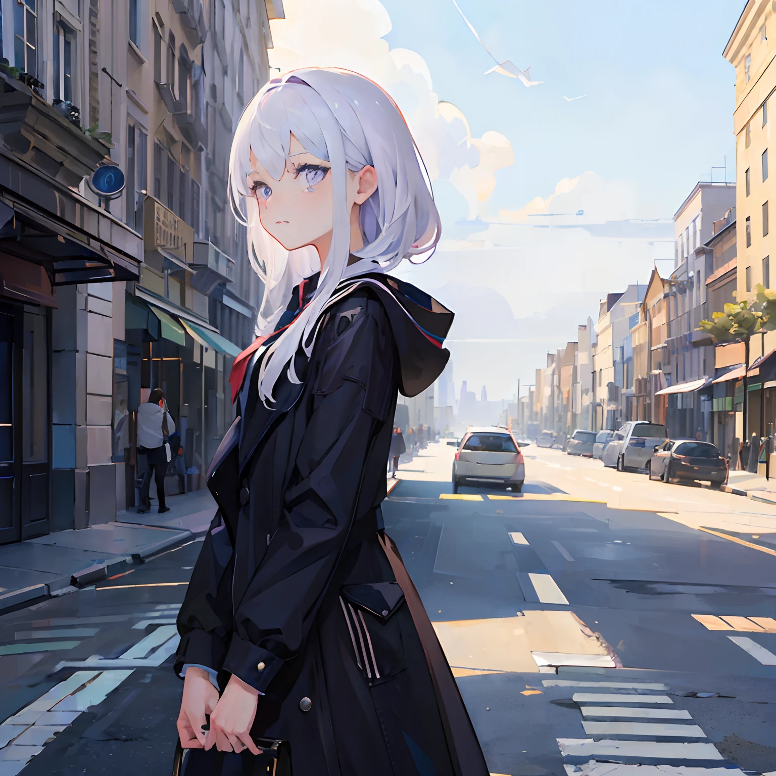 (masterpiece, best quality:1.5), 1girl, solo, purple eyes, white hair, city, street