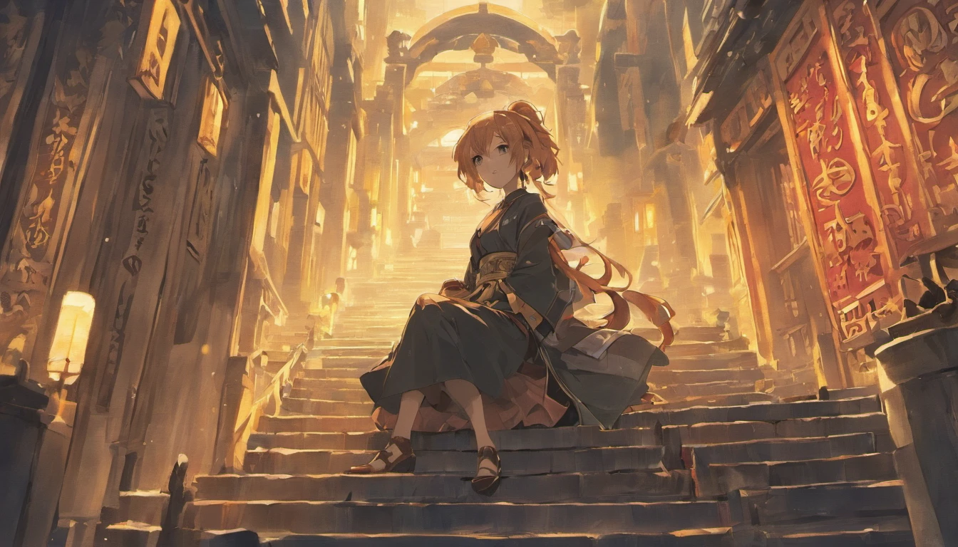In the distance on the steps leading to the mountain,Densely packed crowds,Yamaguchi and the Chinese man under the storm,In his left hand, he holds a black gold ancient knife,short detailed hair,Handsome,Shirtless,Stand in the wind and rain,Back Shadow
