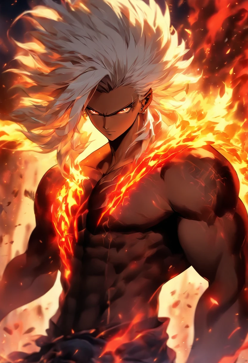 a male anime character with white hair and red eyes, character album cover, full art, fantasy character, full art illustration, full portrait of elementalist, character profile art, official character art, official character illustration, merlin, high detailed official artwork, game key art, mobile game art, fangs, smug face, white hair, no shirt, strong body, full body, walking pose, shirtless.