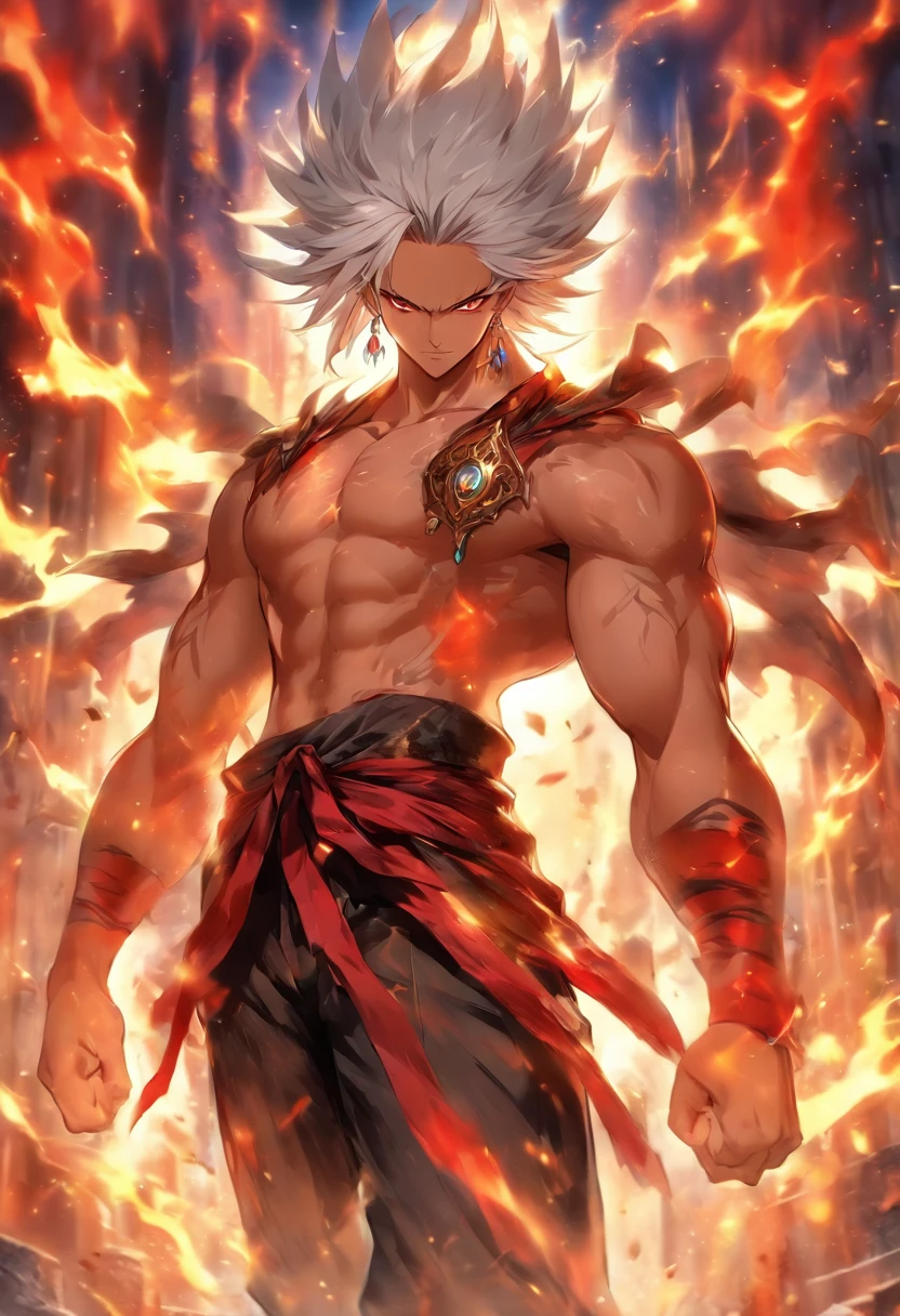 a male anime character with white hair and red eyes, character album cover, full art, fantasy character, full art illustration, full portrait of elementalist, character profile art, official character art, official character illustration, merlin, high detailed official artwork, game key art, mobile game art, fangs, smug face, white hair, no shirt, strong body, full body, walking pose, shirtless.