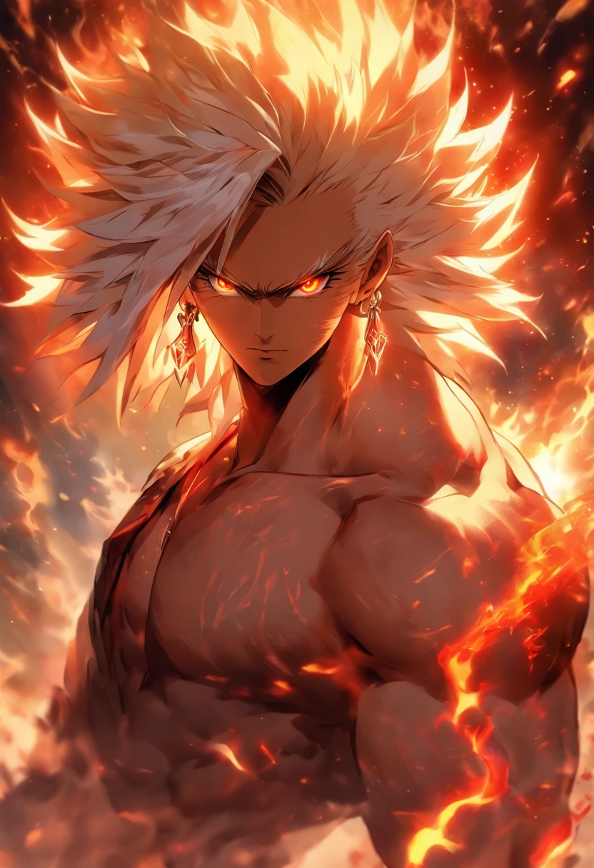 a male anime character with white hair and red eyes, character album cover, full art, fantasy character, full art illustration, full portrait of elementalist, character profile art, official character art, official character illustration, merlin, high detailed official artwork, game key art, mobile game art, fangs, smurk, white hair, no shirt, strong body, full body, fighting pose.
