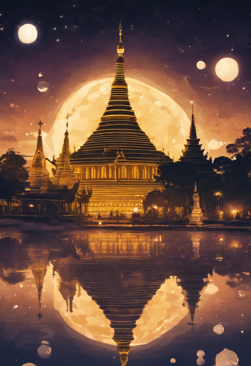 Shwedagon Pagoda, Shwedagon Pagoda at night、Shwedagon Pagoda lit up,full moon night,Starry Sky, Night Background, paper lanterns,8k, RAW photo, portrait, best quality, ultra high res, photorealistic,