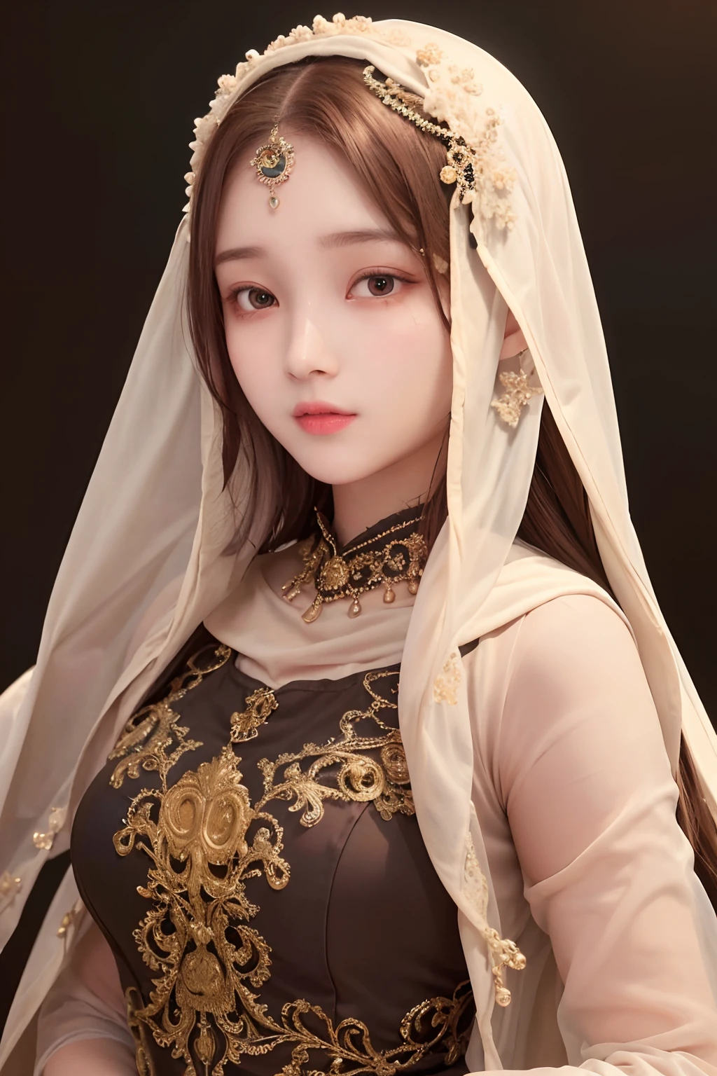 best quality, masterpiece, (realistic:1.2), 1 girl, brown hijab, brown eyes,Front, detailed face, beautiful eyes, blured background, half body