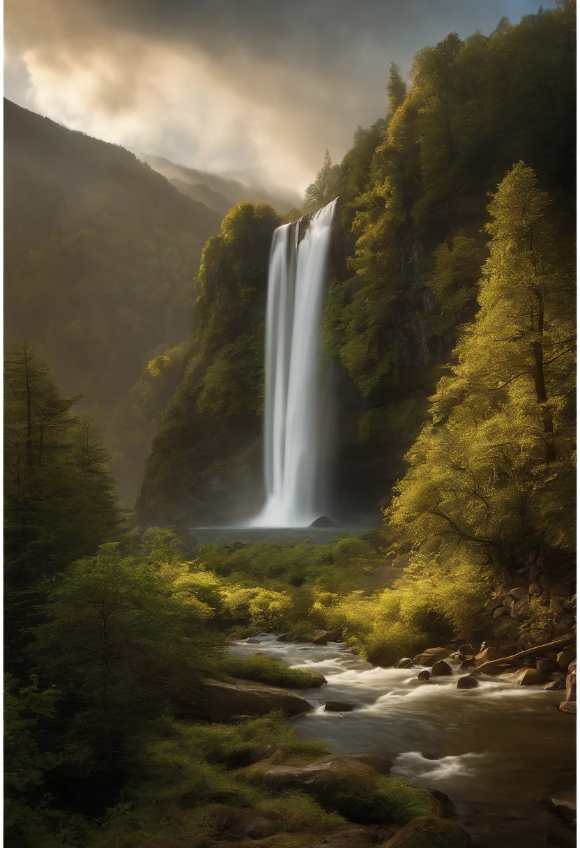 A mesmerizing landscape with lush green mountains, a flowing river, and a cascading waterfall, bathed in soft golden sunlight. The scene should evoke a sense of tranquility and harmony. High-resolution digital painting by Bob Ross and Thomas Kinkade, trending on DeviantArt and Pinterest, rendered in 4k resolution with exquisite attention to detail and realistic lighting.