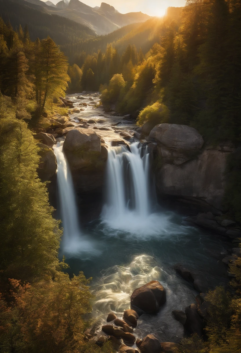 A mesmerizing landscape with lush green mountains, a flowing river, and a cascading waterfall, bathed in soft golden sunlight. The scene should evoke a sense of tranquility and harmony. High-resolution digital painting by Bob Ross and Thomas Kinkade, trending on DeviantArt and Pinterest, rendered in 4k resolution with exquisite attention to detail and realistic lighting.