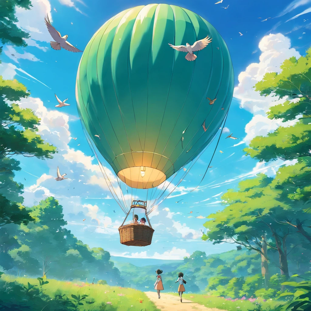 Cheerful birds flying next to an air balloon, sobre a floresta verdejante