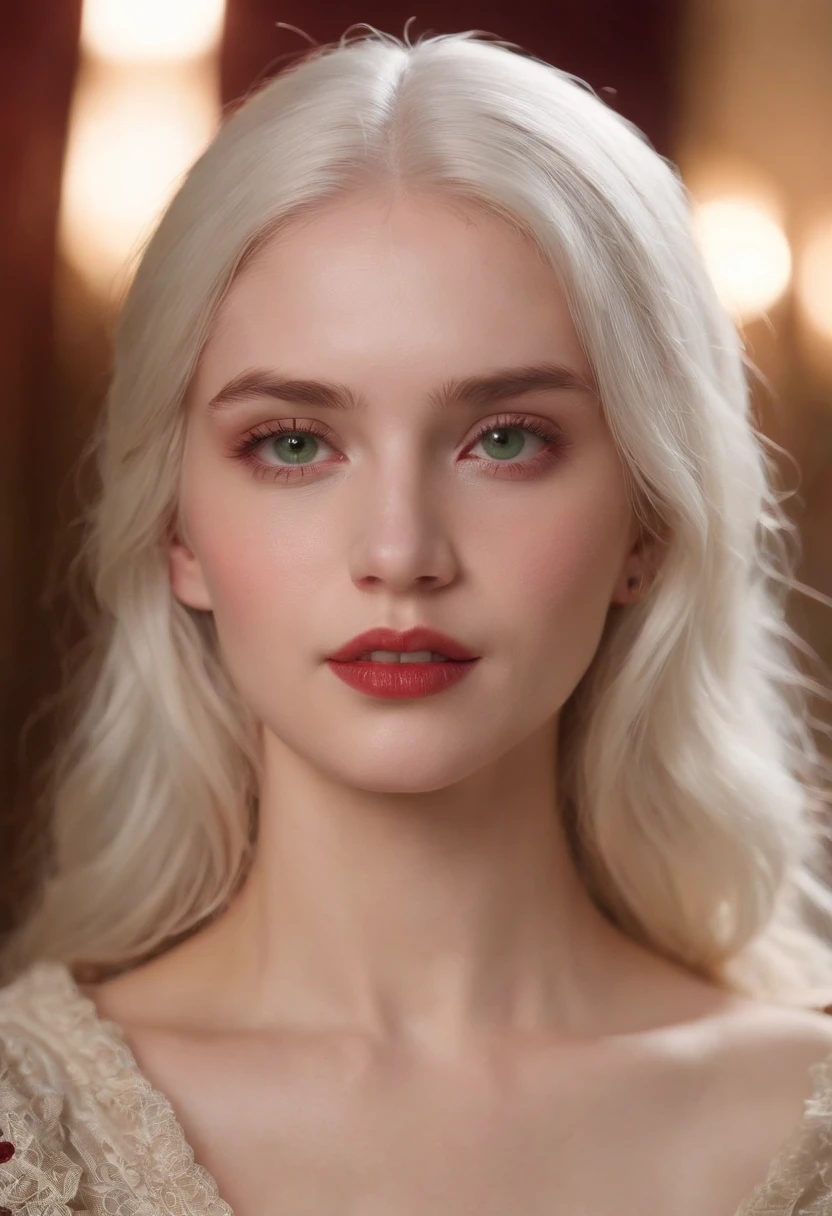 (((a deep reddish wound crosses her left cheek))) fair complexion, woman around 19 years old, natural white hair, distinctive green eyes, naked, full body, full frontal nudity, slender and graceful, beautiful, candlelight in a medieval setting, ultra sharp focus, realistic shot, tetradic colors (scar:1.4)