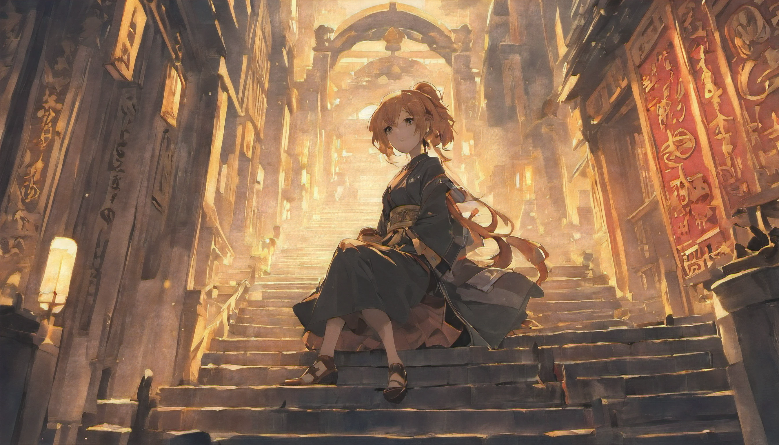 In the distance on the steps leading to the mountain,Densely packed crowds,Yamaguchi and the Chinese man under the storm,In his left hand, he holds a black gold ancient knife,short detailed hair,Handsome,Shirtless,Stand in the wind and rain,Back Shadow