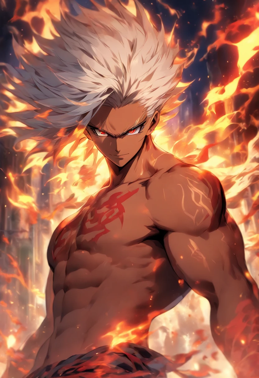 a male anime character with white hair and red eyes, character album cover, full art, fantasy character, full art illustration, full portrait of elementalist, character profile art, official character art, official character illustration, merlin, high detailed official artwork, game key art, mobile game art, fangs, smug face, white hair, no shirt, strong body, full body, walking pose, shirtless.