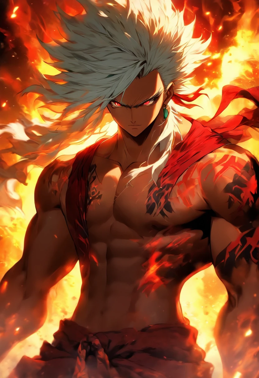 a male anime character with white hair and red eyes, character album cover, full art, fantasy character, full art illustration, full portrait of elementalist, character profile art, official character art, official character illustration, merlin, high detailed official artwork, game key art, mobile game art, fangs, smug face, white hair, no shirt, strong body, full body, walking pose, shirtless.