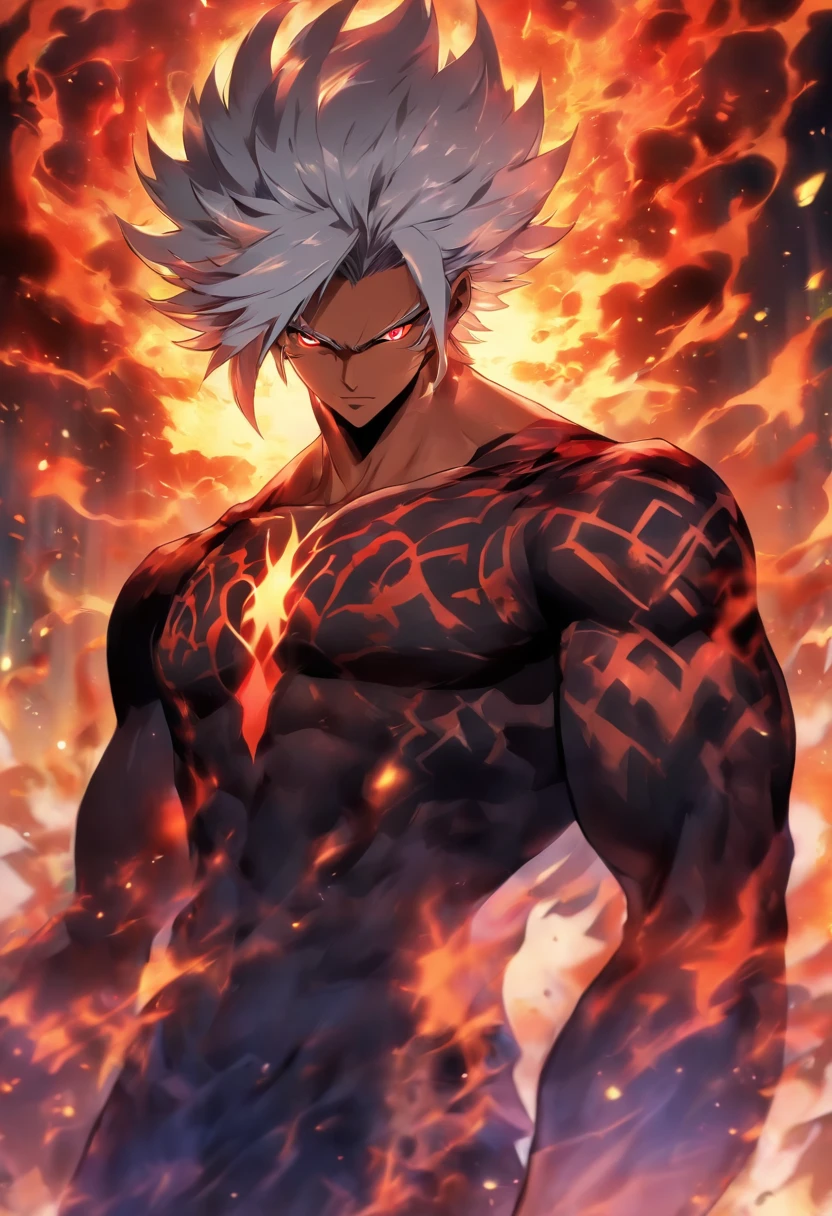 a male anime character with white hair and red eyes, character album cover, full art, fantasy character, full art illustration, full portrait of elementalist, character profile art, official character art, official character illustration, merlin, high detailed official artwork, game key art, mobile game art, fangs, smug face, white hair, no shirt, strong body, full body, walking pose, shirtless.