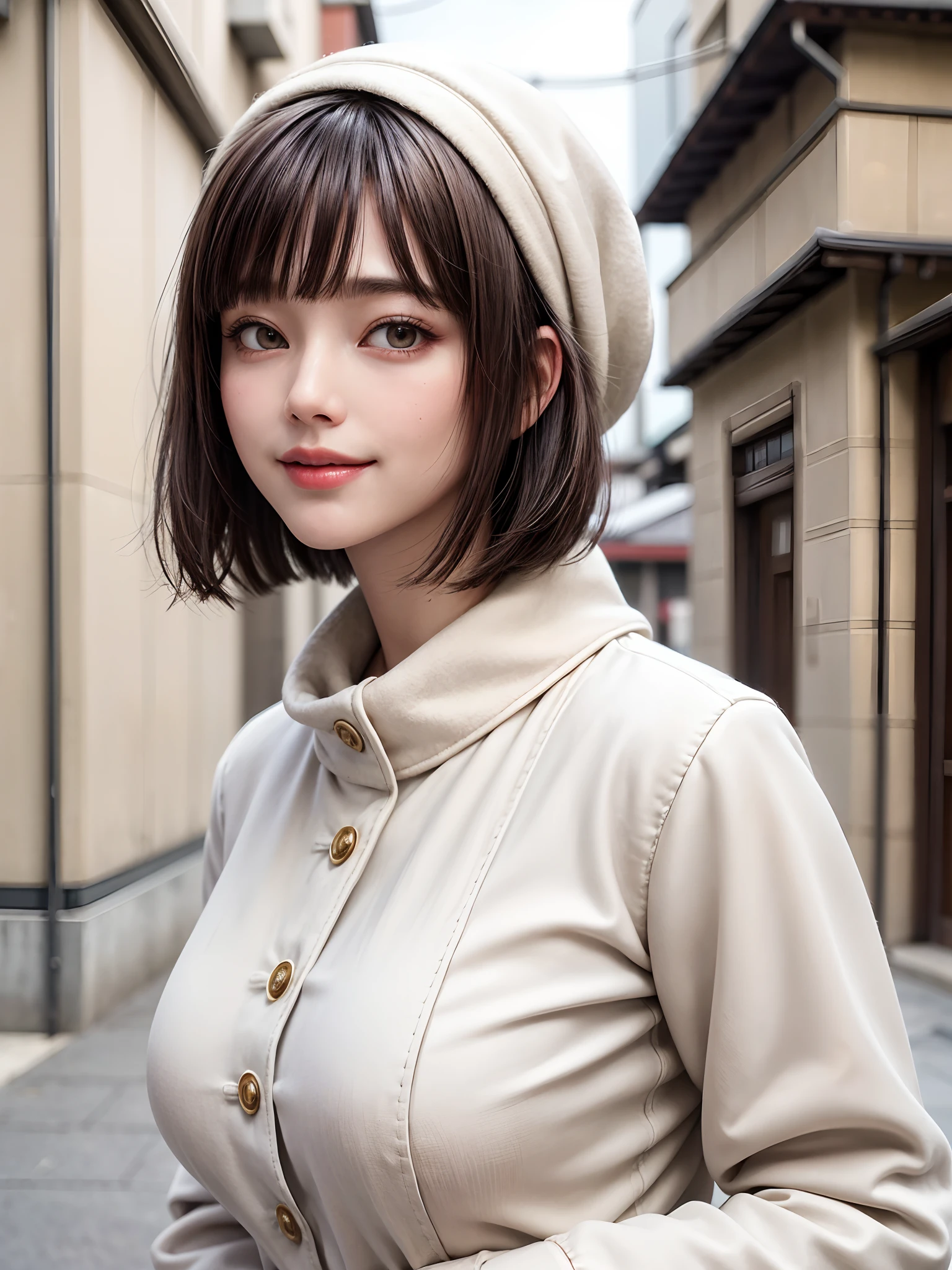 (masterpiece, top-quality),1girl in, 独奏, A dark-haired, scarf, Hats,, realisitic, looking at the viewers, black eyes of light color, shorth hair, coat, Winter clothes, White headscarf, s lips, lipgloss,bangss,, a closed mouth, The upper part of the body、big eye、Lashes、((Street))、((Shorthair with bangs、big eye、Put very strong highlights in your students、very Bigger breasts、gazing at viewer、Very beautiful beauty、Put your ears out、long neck、little smiling、Close your mouth and smile)))、