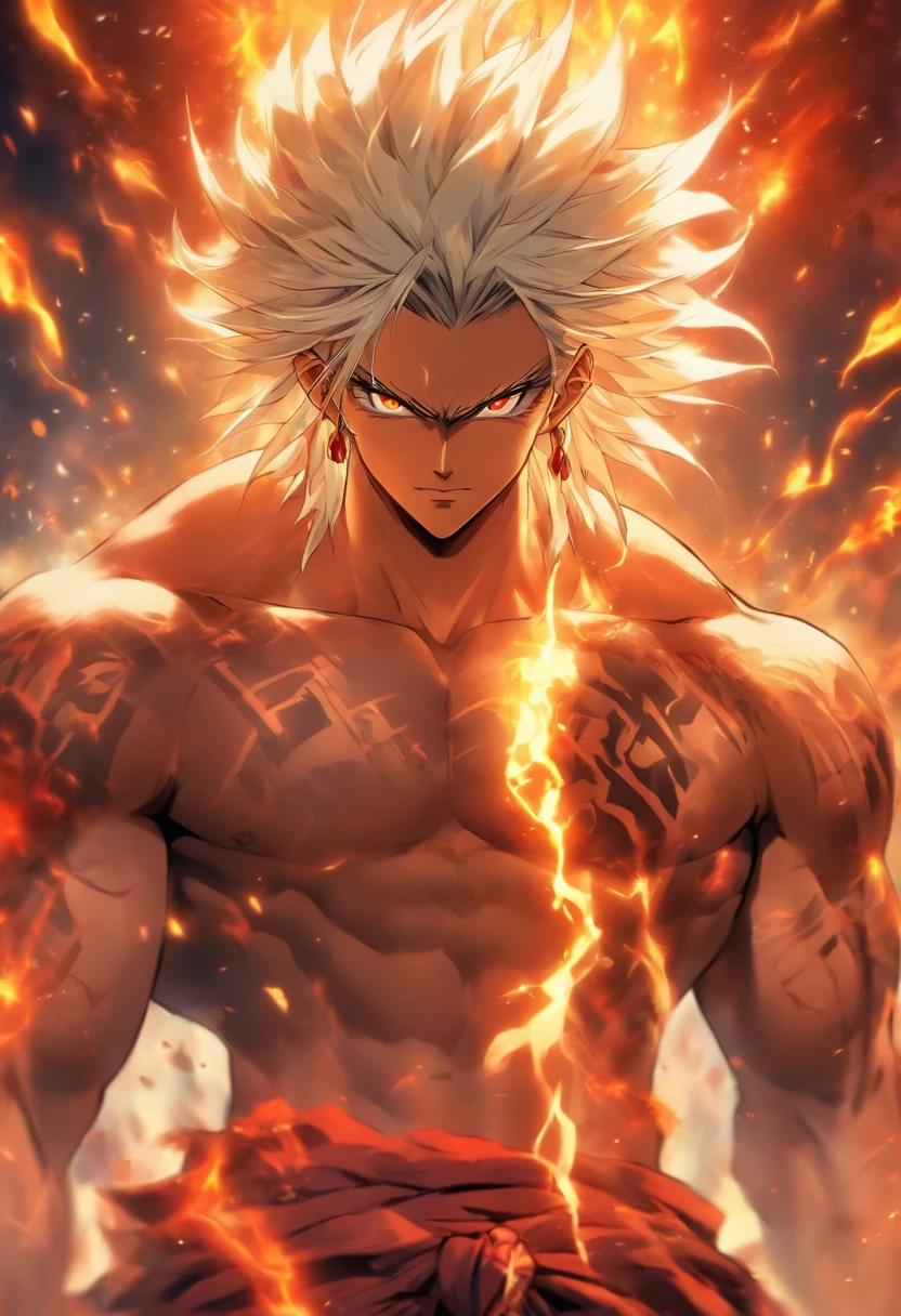 a male anime character with white hair and red eyes, character album cover, full art, fantasy character, full art illustration, full portrait of elementalist, character profile art, official character art, official character illustration, merlin, high detailed official artwork, game key art, mobile game art, fangs, smug face, white hair, no shirt, strong body, full body, walking pose, shirtless.