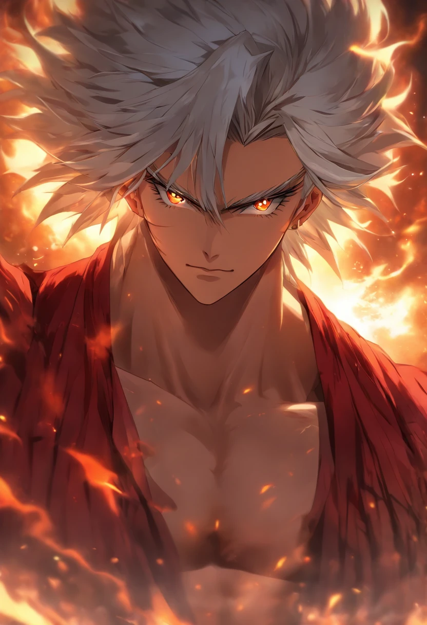 a male anime character with white hair and red eyes, character album cover, full art, fantasy character, full art illustration, full portrait of elementalist, character profile art, official character art, official character illustration, merlin, high detailed official artwork, game key art, mobile game art, fangs, smug face, white hair, no shirt, strong body, full body, walking pose, shirtless.
