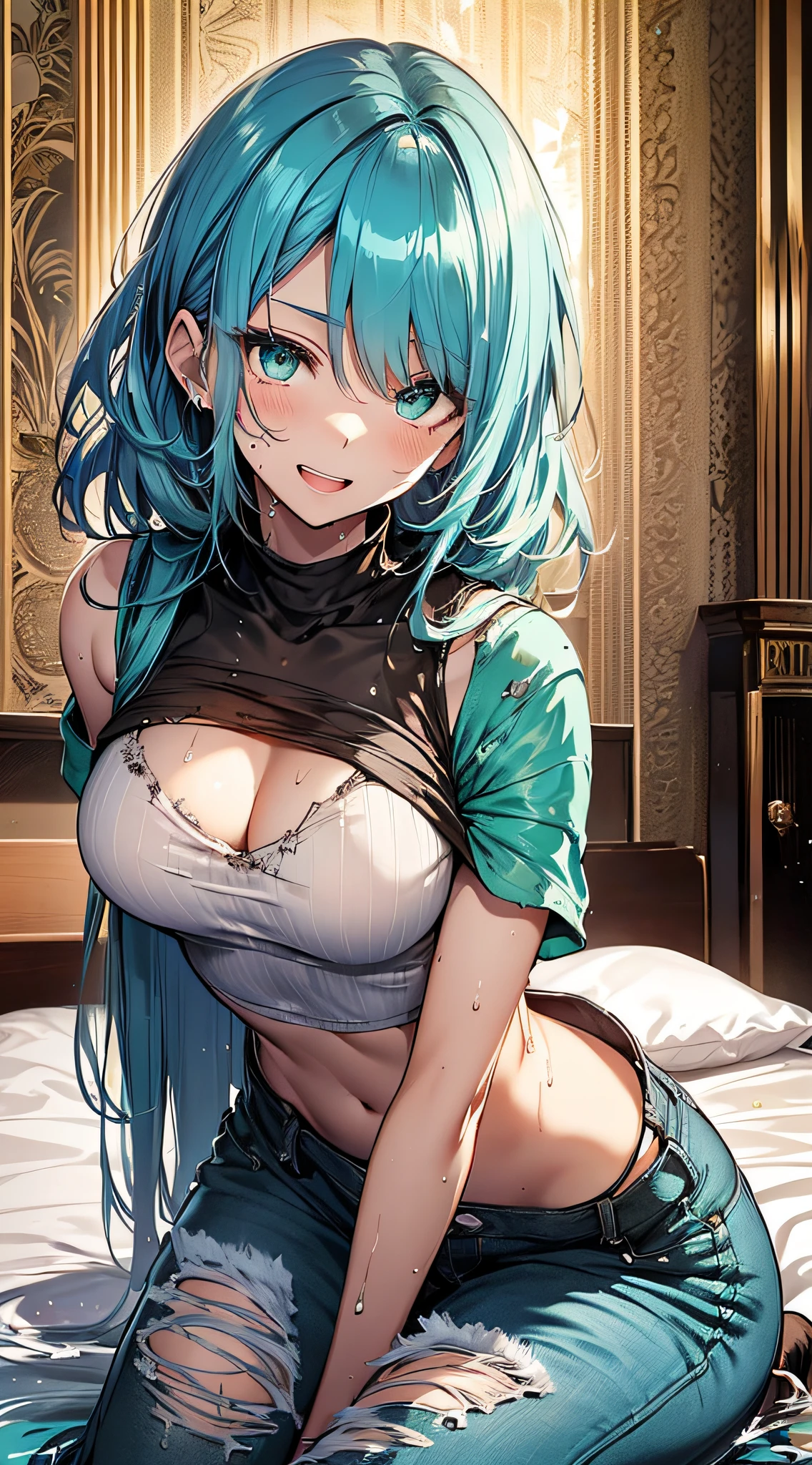 top-quality、Top image quality、masterpiece、teens girl((sixteen years old,My whole body is full of wounds、Black tattered tank top,Tattered blue long pants、Best Bust、Bust 85、Light blue shiny hair、Longhaire,Blue-green eyes、open chest wide、Valley、Happiness、A slender、the whole body is wet、Falling to the floor、Kneeling、Leaning forward、Laugh、on the beds))hiquality、Beautiful Art、Background with((Nice hotel、a bed))、masutepiece、Elaborate design、visualart、Theatrical films