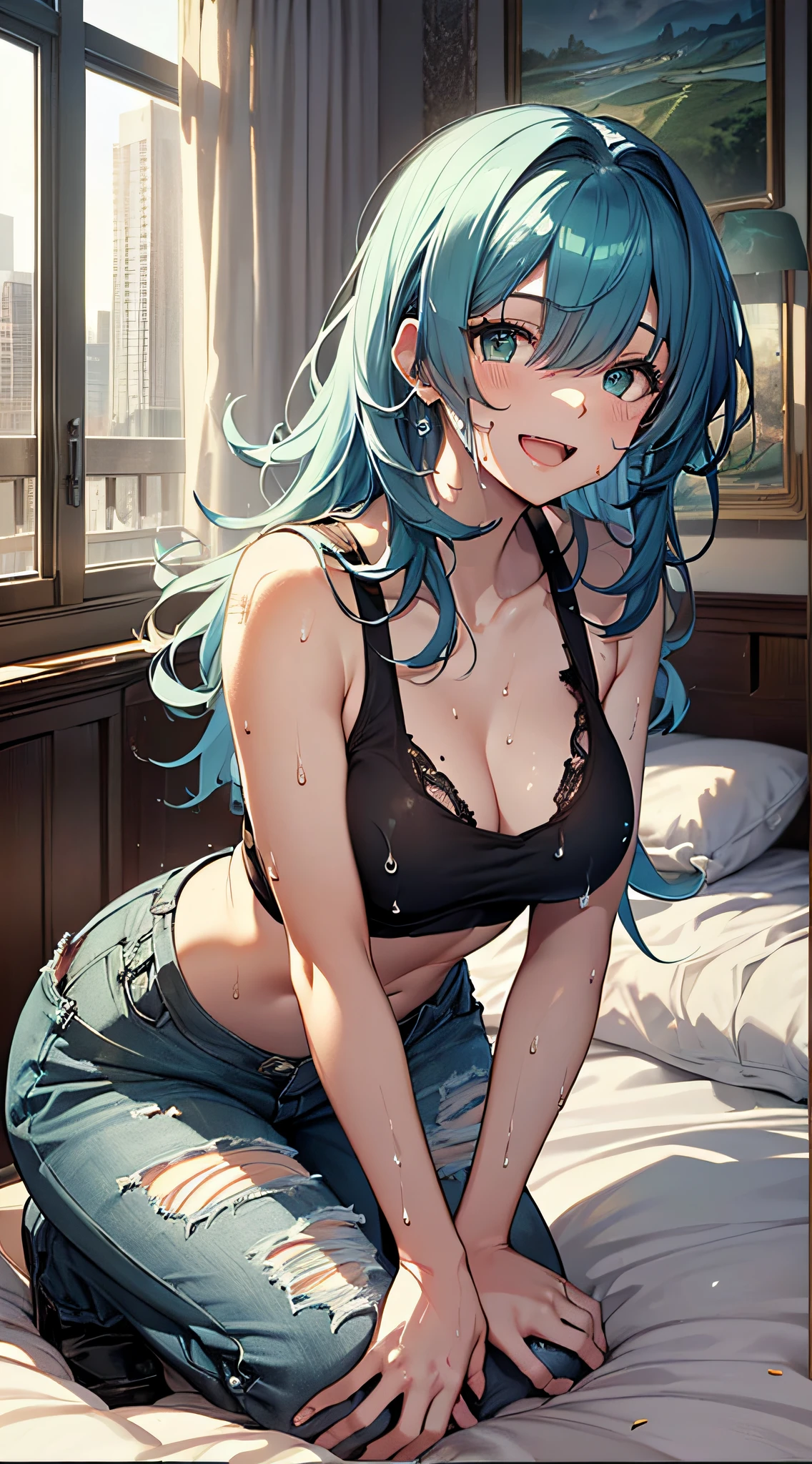 top-quality、Top image quality、masterpiece、teens girl((,My whole body is full of wounds、Black tattered tank top,Tattered blue long pants、Best Bust、Bust 85、Light blue shiny hair、Longhaire,Blue-green eyes、open chest wide、Valley、Happiness、A slender、the whole body is wet、Falling to the floor、Kneeling、Leaning forward、Laugh、on the beds))hiquality、Beautiful Art、Background with((Nice hotel、a bed))、masutepiece、Elaborate design、visualart、Theatrical films