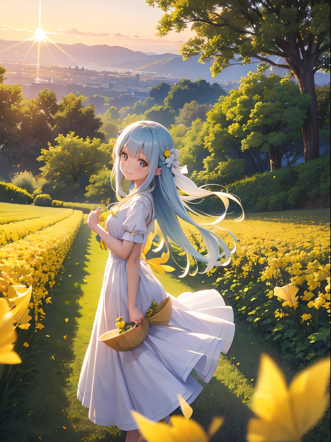 Sunset landscape　Adorable beautiful girl、Light blue long hair、Twin-tailed、A charming smile、A delightful!　White and yellow dresses、Flower Fairy、the wind、Sunset、Vast yellow ginkgo trees(a picture)、Falling leaves flutter(Some photos)