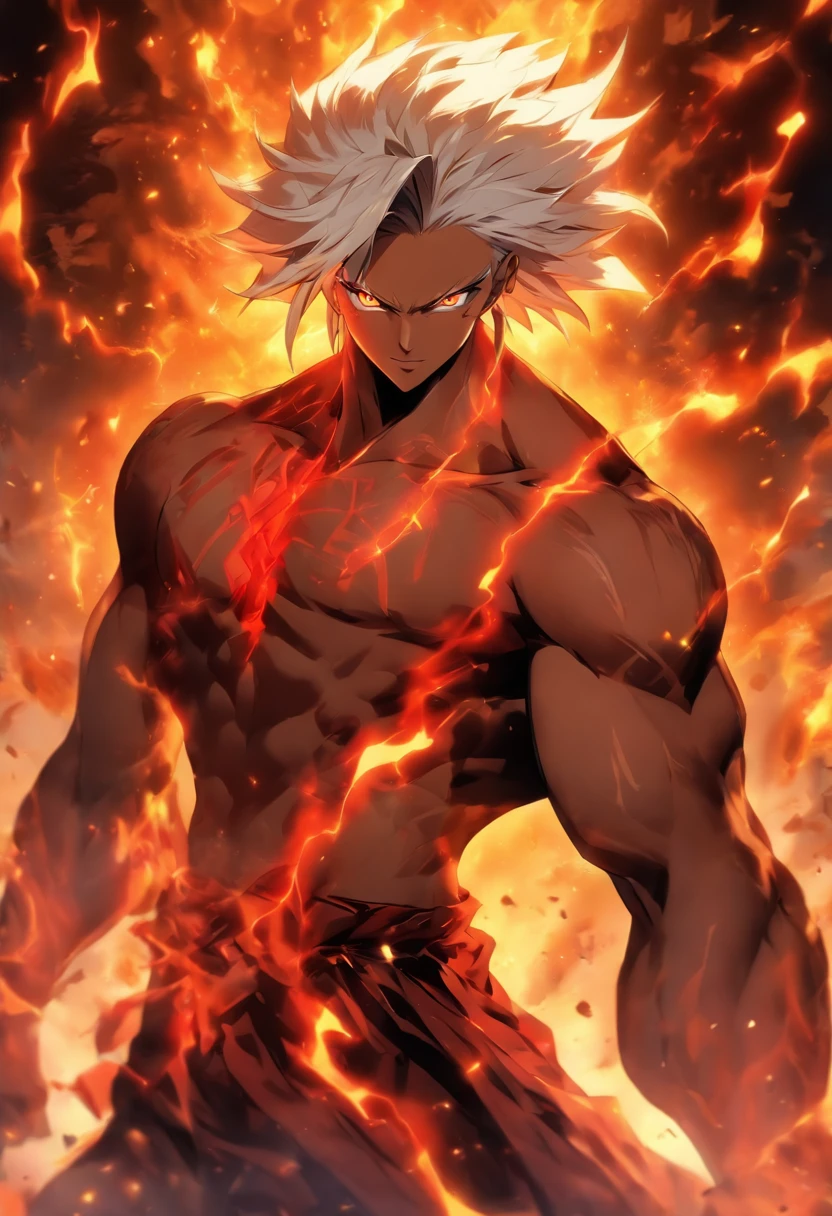 a male anime character with white hair and red eyes, character album cover, full art, fantasy character, full art illustration, full portrait of elementalist, character profile art, official character art, official character illustration, merlin, high detailed official artwork, game key art, mobile game art, fangs, smug face, white hair, no shirt, strong body, full body, walking pose, shirtless.