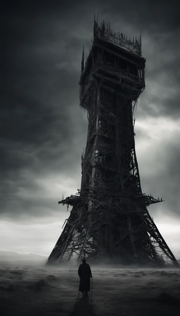 a very impressive structure, The tower rises high into the sky, creating a striking silhouette amidst the desolate plains, The view from the view displays the tower's majesty and mystery.
