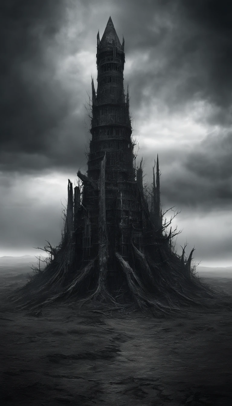 a very impressive structure, The tower rises high into the sky, creating a striking silhouette amidst the desolate plains, The view from the view displays the tower's majesty and mystery.