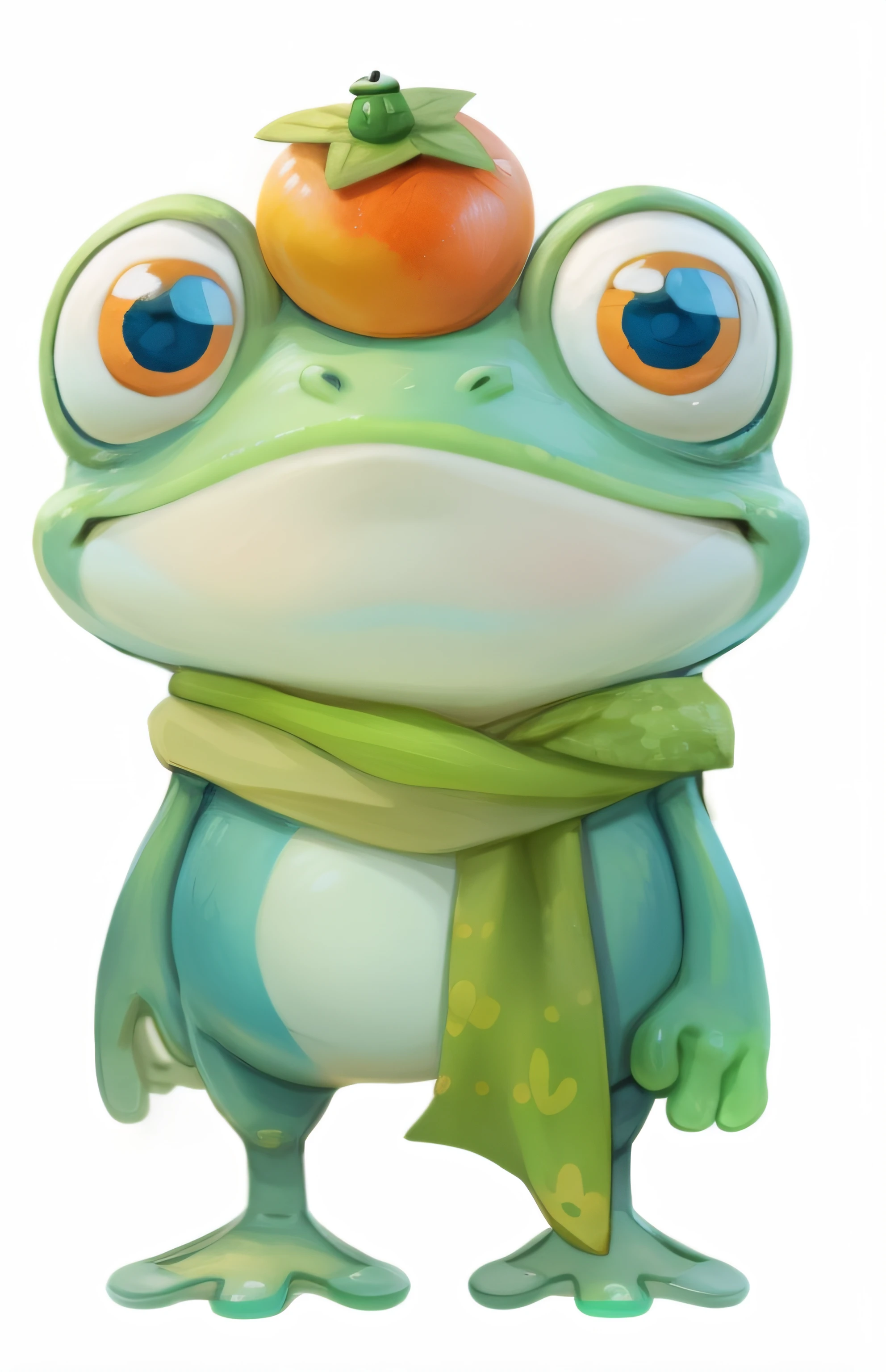 Cartoon frog,Wearing a green scarf,There is a persimmon on the head, frogs, frogs, Cute frog, clown frog king, alien frog, grogu, frog head, wee whelp, murloc tinyfin, cute character, peepo the frog!!!, Game character, lovely digital painting, Game character art, Frog - elephant creature, Game character design, merged character