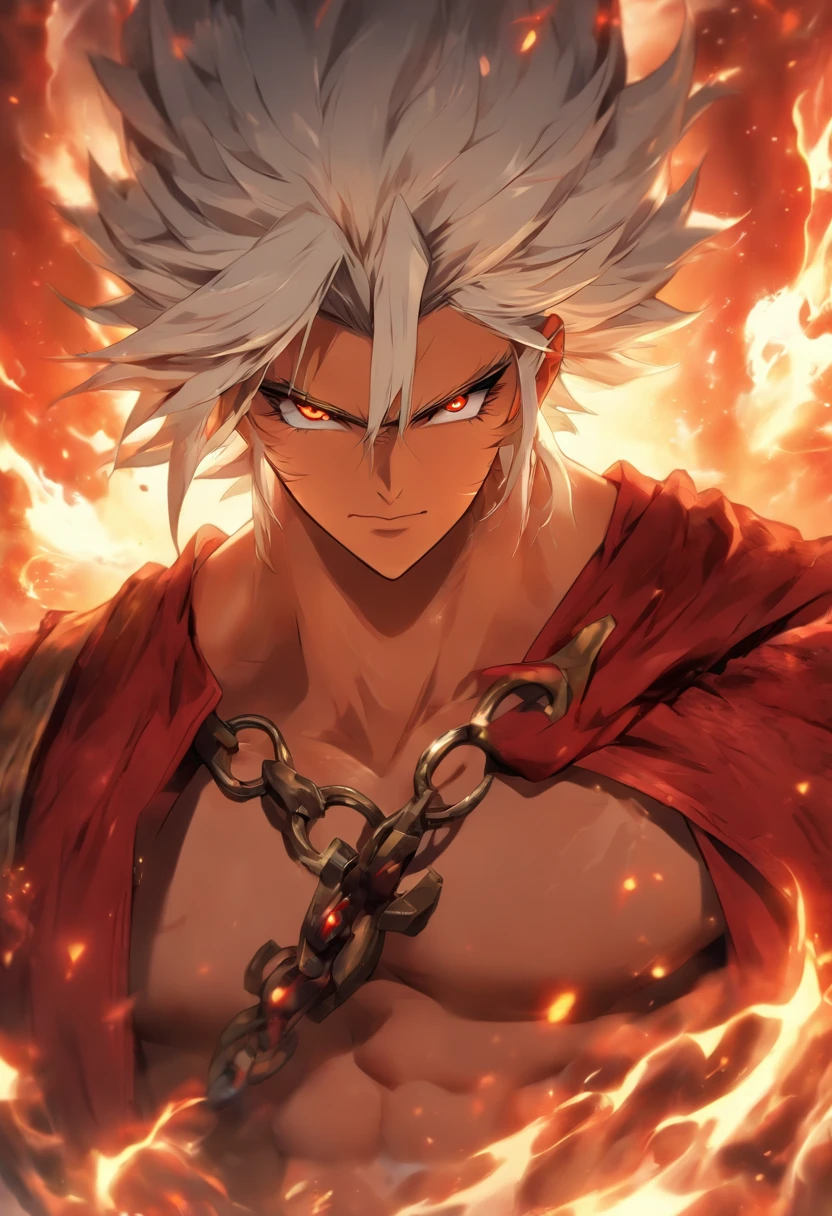 a male anime character with white hair and red eyes, character album cover, full art, fantasy character, full art illustration, full portrait of elementalist, character profile art, official character art, official character illustration, merlin, high detailed official artwork, game key art, mobile game art, fangs, smug face, white hair, no shirt, strong body, full body, walking pose, shirtless.