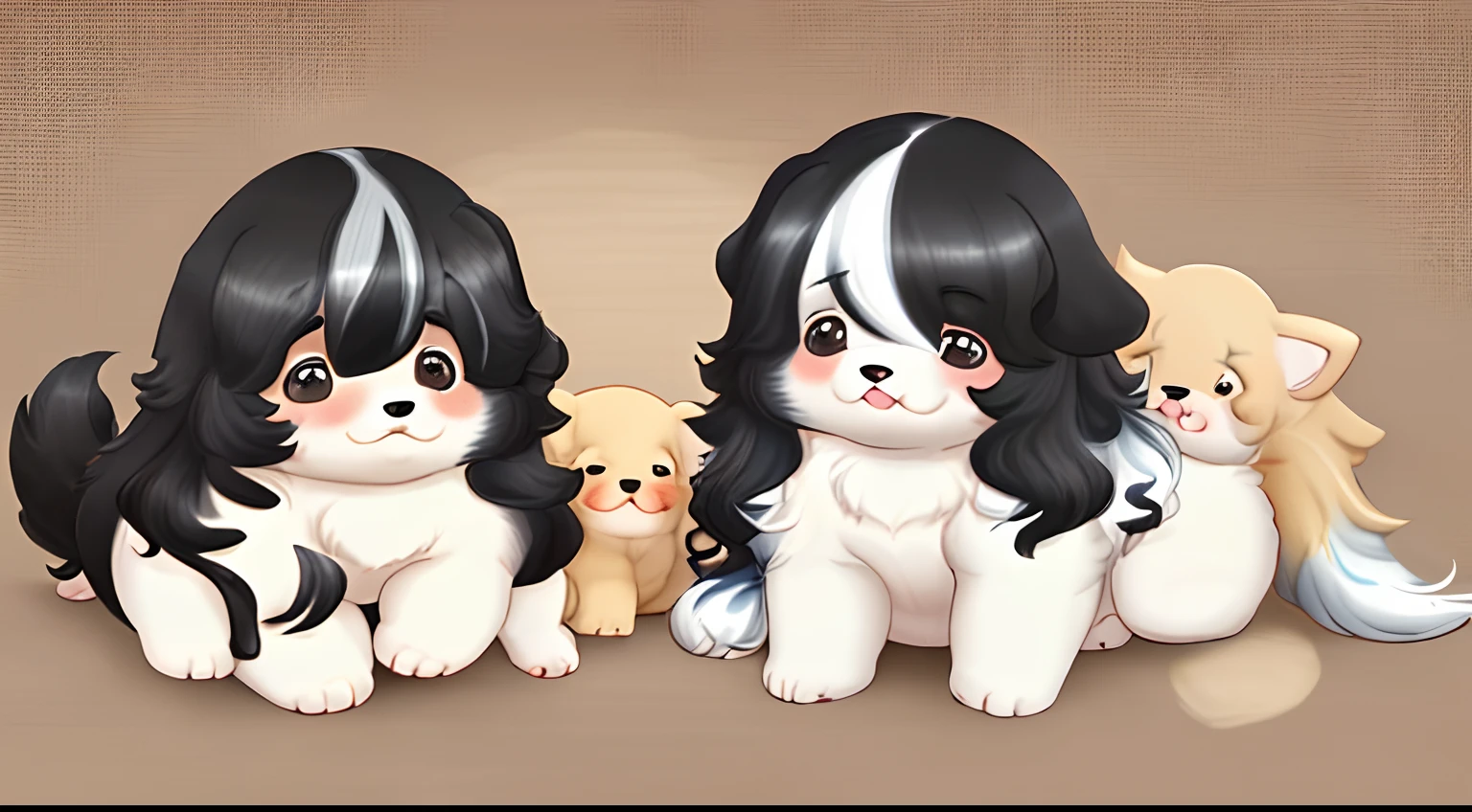 A chubby, long-haired puppy,Variegated,The body is sideways towards the person
