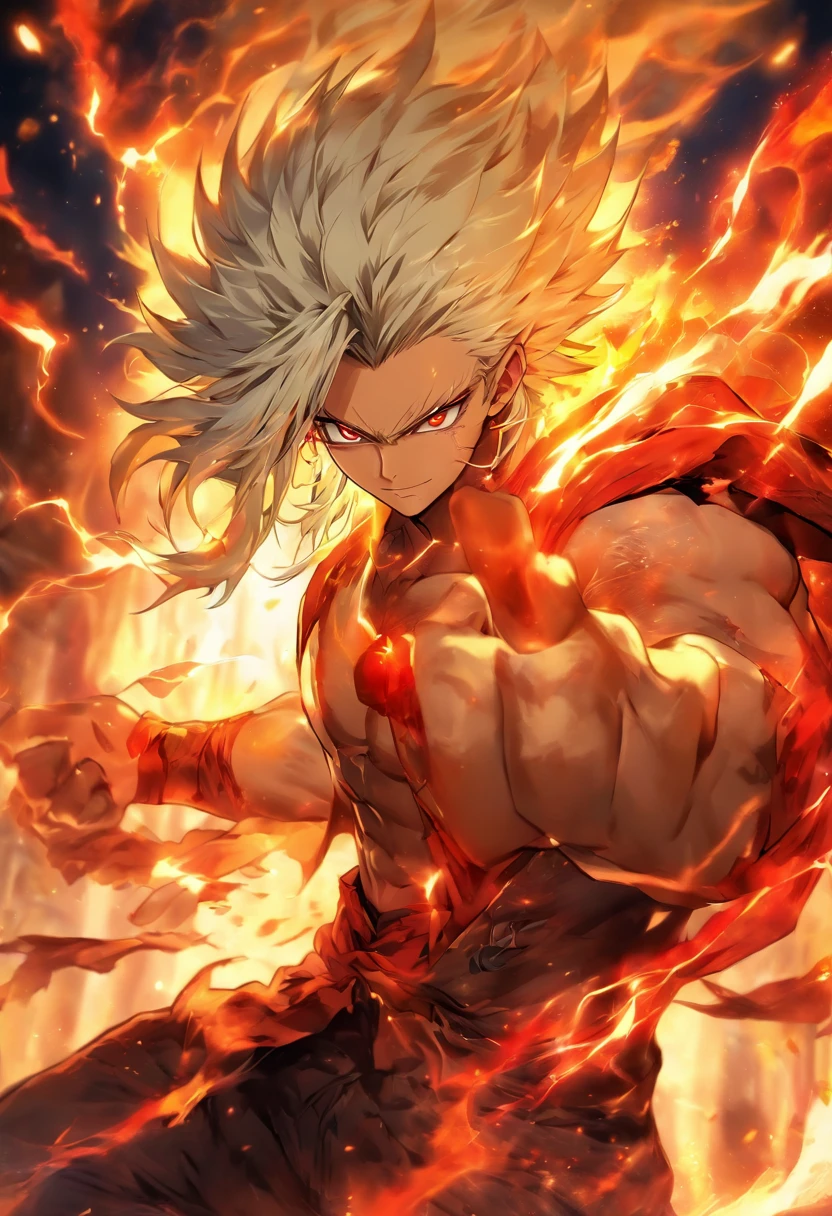 a male anime character with white hair and red eyes, character album cover, full art, fantasy character, full art illustration, full portrait of elementalist, character profile art, official character art, official character illustration, merlin, high detailed official artwork, game key art, mobile game art, fangs, smug face, white hair, no shirt, strong body, full body, walking pose, shirtless.