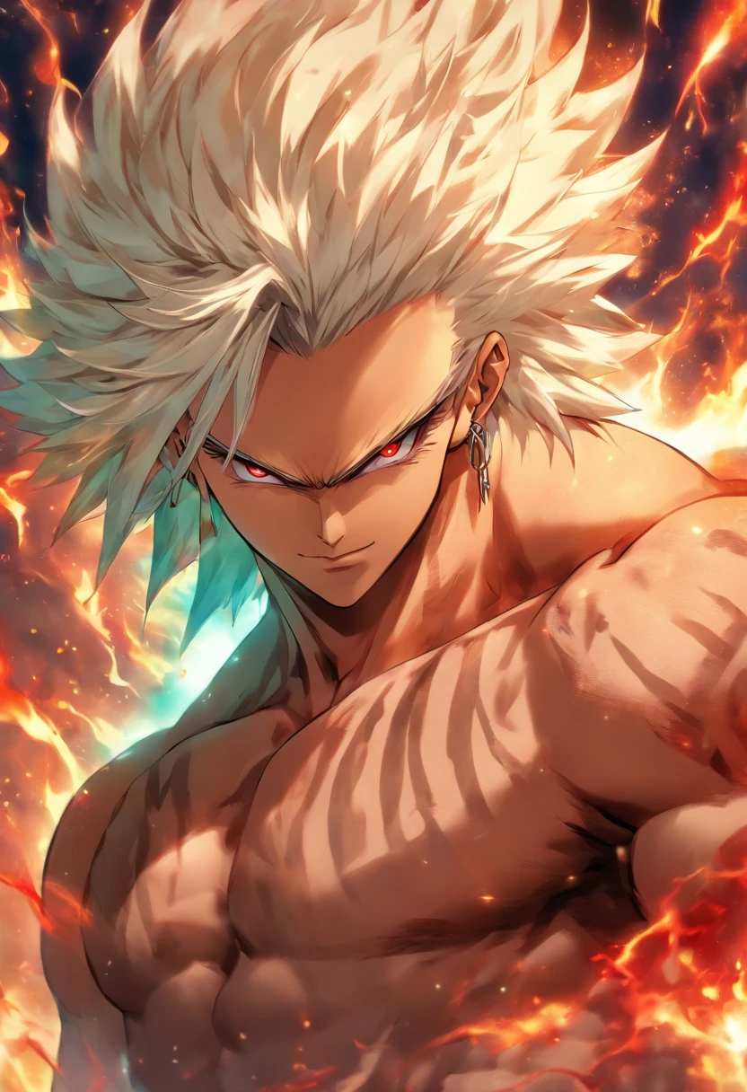 a male anime character with white hair and red eyes, character album cover, full art, fantasy character, full art illustration, full portrait of elementalist, character profile art, official character art, official character illustration, merlin, high detailed official artwork, game key art, mobile game art, fangs, smug face, white hair, no shirt, strong body, full body, walking pose, shirtless.
