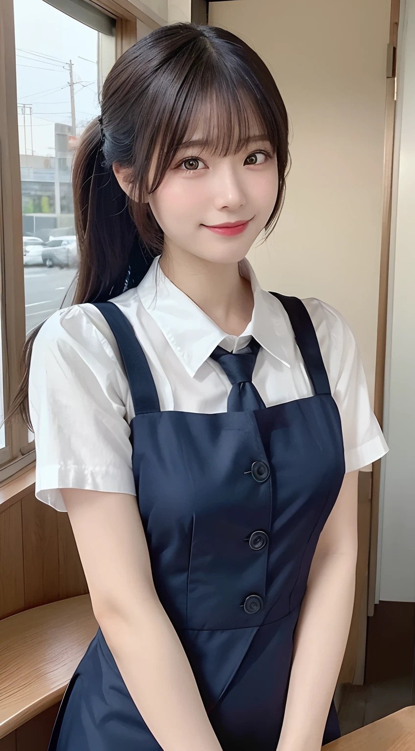 (top-quality,​masterpiece:1.3,超A high resolution,),(ultra-detailliert,Caustics),(Photorealsitic:1.4,RAW shooting,)Ultra-realistic capture,A highly detailed,High resolution 16K human skin close-up。 Skin texture is natural、,The pores are、Must be detailed enough to be easy to identify。 Skin should look healthy with even tones。 Use natural light and color,resturant,Waitress uniform,女の子1人,japanes,18year old,kawaii,A dark-haired,poneyTail,Ultramammy,A smile,front-facing view,Looking at the camera,cowboy  shot,