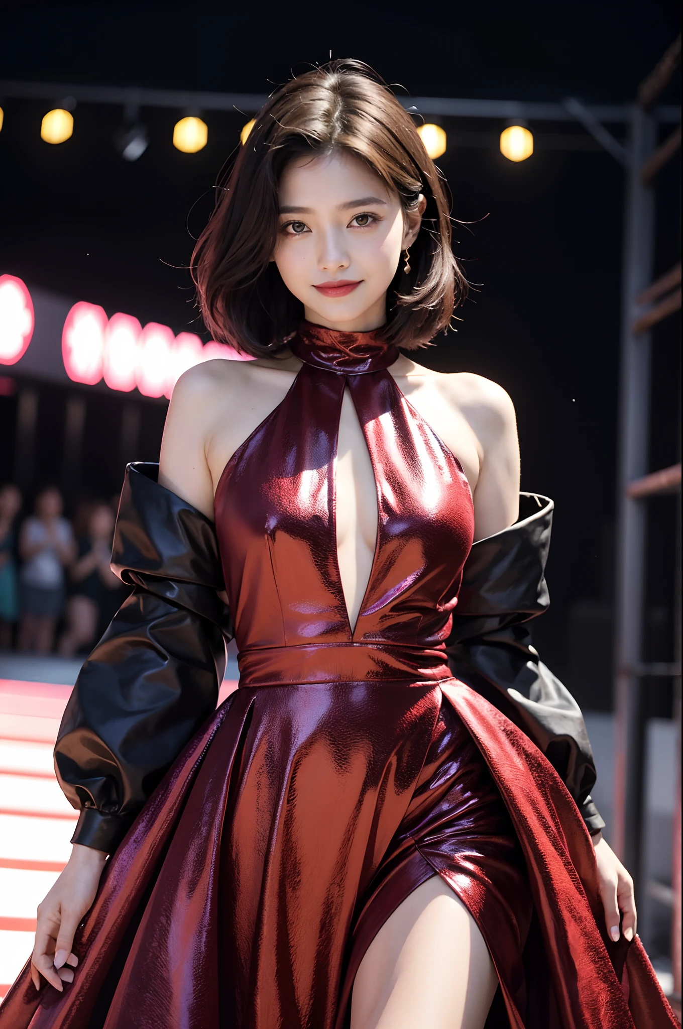 Girl VN01, 1girl in, (Smile:1.4) stunningly beautiful girl, Haute_Couture, designer dress, Wearing an automobile_Couture, posing for photo, Fashion Show, Long shape face, angry, Crazy, darkred eyes, sidesweep hair, Short hair, Long ringlet, catwalk \(Walkway\), , Colorful, Vivid colors, masutepiece, Best Quality, absurderes, Highest Quality, Amazing details, 8K, Aesthetic,