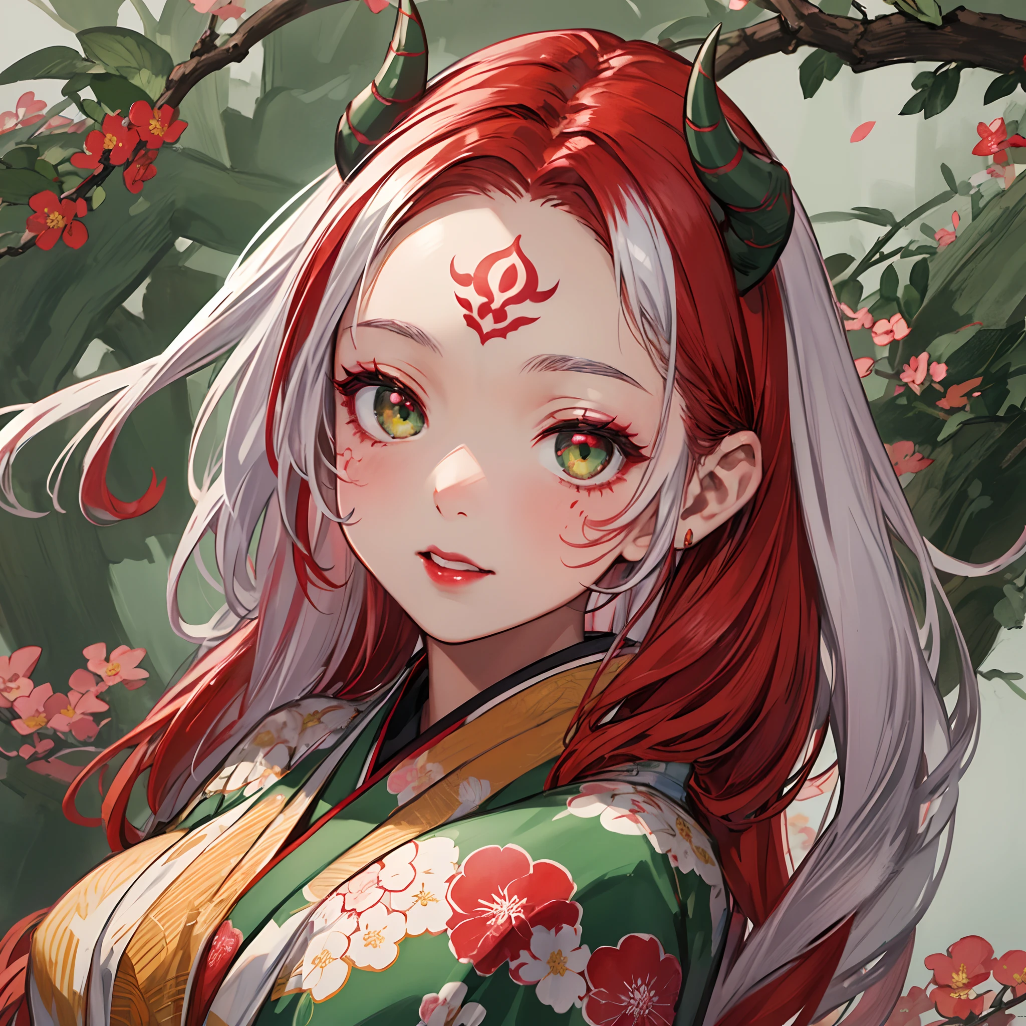best quality, highly detailed beautiful face and eye, 1 girl, (li, 8yes old), kimono, (multicolored hair, (silver hair, red hair)), demon horns, light green eye, red lip, floral tattoo on face, earnest expression, Japanese ancient capital