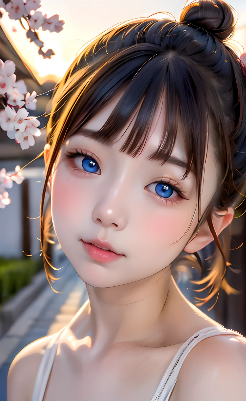 masutepiece:1.2, High quality, Best Quality, High resolution, Detailed, Hyper realistic, girl with,Bun hair, Blue eyes,The eyes are infinitely clear、Cute clothes、 Head tilt, Sunset, cherry blossom, Portrait,Natural look, (Detailed face), ((Sharp Focus)), ((Face)), The upper part of the body_Body