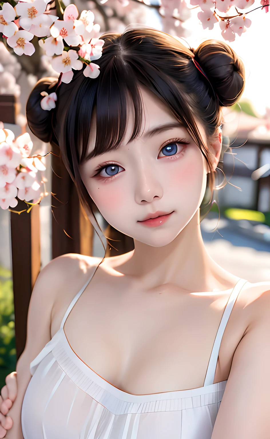masutepiece:1.2, High quality, Best Quality, High resolution, Detailed, Hyper realistic, girl with, Bun hair, Blue eyes,Eyes that are infinitely clear、Head tilt, Sunset, cherry blossom, Portrait,Natural look, (Detailed face), ((Sharp Focus)), ((Face)), The upper part of the body_Body