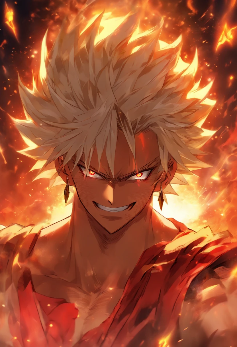 a male anime character with white hair and red eyes, character album cover, full art, fantasy character, full art illustration, full portrait of elementalist, character profile art, official character art, official character illustration, merlin, high detailed official artwork, game key art, mobile game art, fangs, smug face, white hair, no shirt, strong body, full body, walking pose, shirtless.