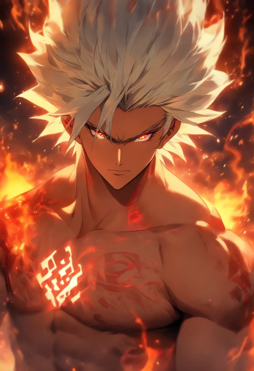 a male anime character with white hair and red eyes, character album cover, full art, fantasy character, full art illustration, full portrait of elementalist, character profile art, official character art, official character illustration, merlin, high detailed official artwork, game key art, mobile game art, fangs, smug face, white hair, no shirt, strong body, full body, walking pose, shirtless.