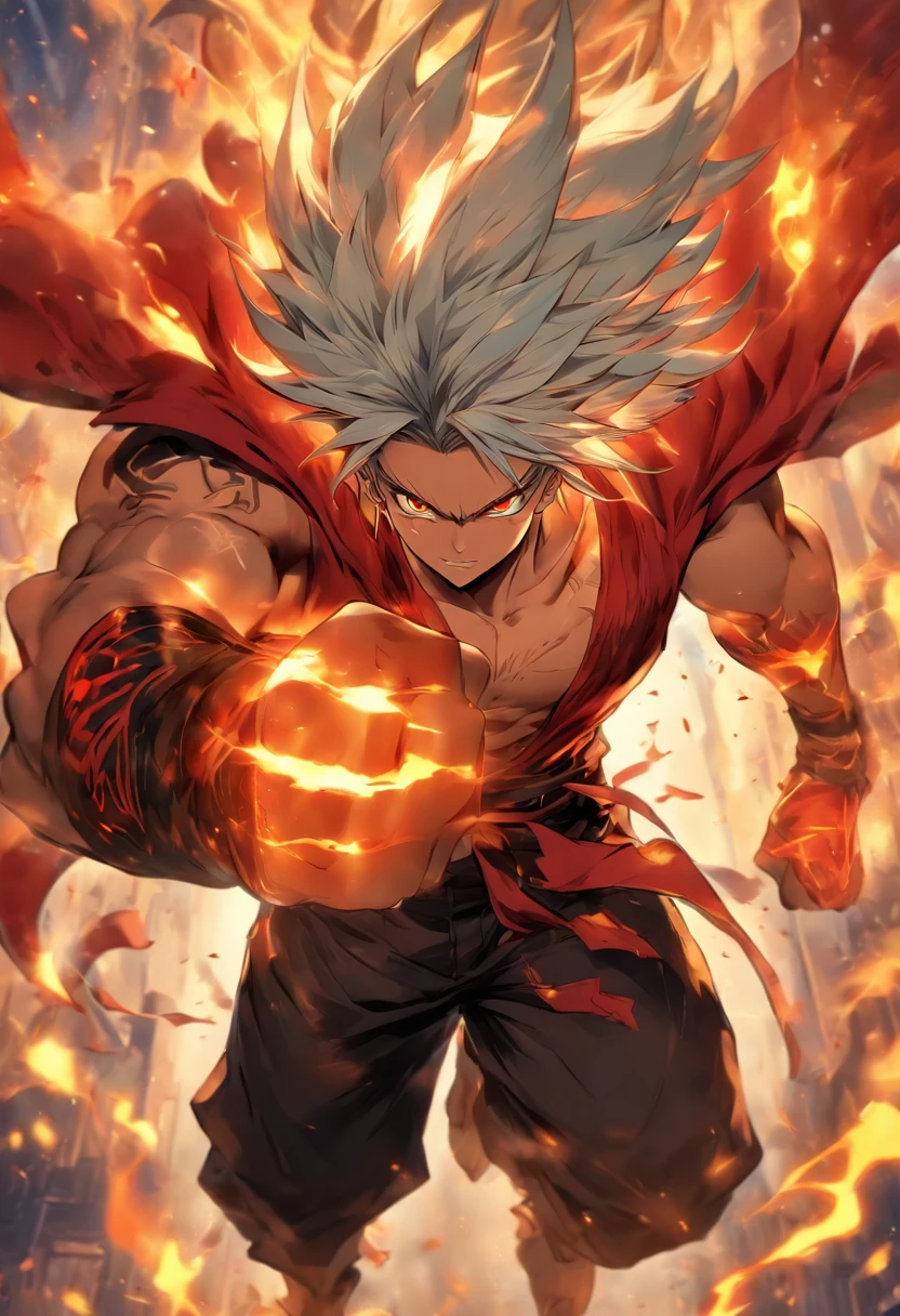 a male anime character with white hair and red eyes, character album cover, full art, fantasy character, full art illustration, full portrait of elementalist, character profile art, official character art, official character illustration, merlin, high detailed official artwork, game key art, mobile game art, fangs, smug face, white hair, no shirt, strong body, full body, walking pose, shirtless.