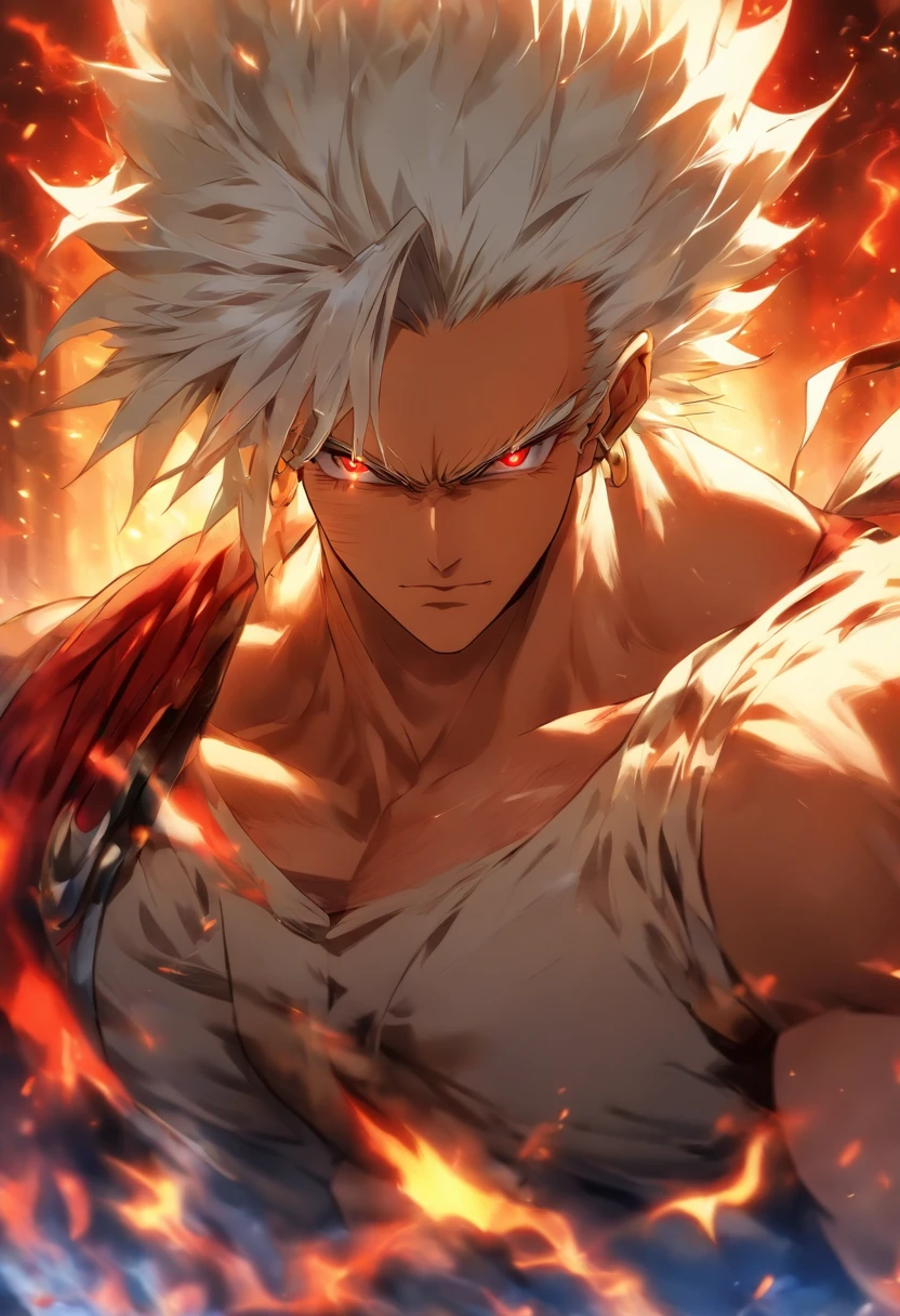 a male anime character with white hair and red eyes, character album cover, full art, antasy character, full art illustration, full portrait of elementalist, character profile art, official character art, official character illustration, merlin, high detailed official artwork, game key art, omoide emanon, oz, mobile game art, fangs, smurk, white hair, no shirt, muscular body, walking pose