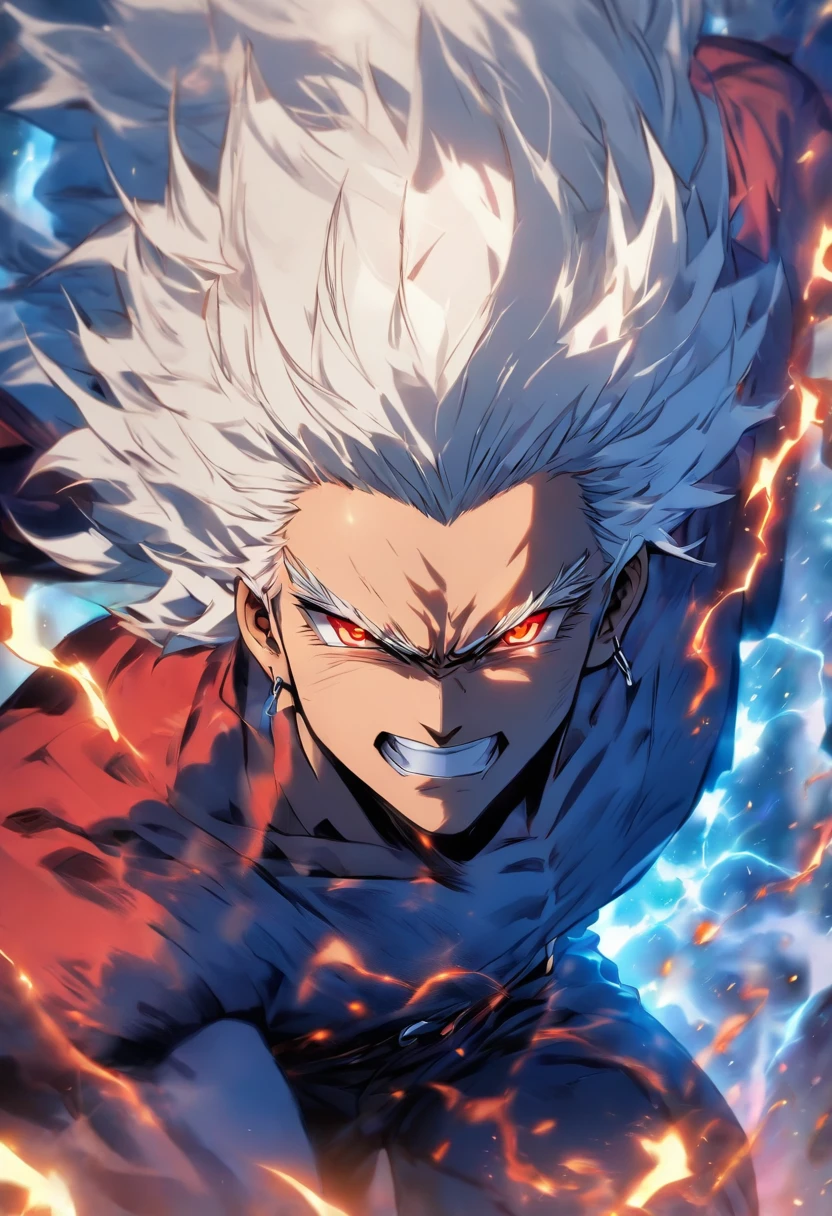 a male anime character with white hair and red eyes, character album cover, full art, antasy character, full art illustration, full portrait of elementalist, character profile art, official character art, official character illustration, merlin, high detailed official artwork, game key art, omoide emanon, oz, mobile game art, fangs, smurk, white hair, no shirt, muscular body, walking pose