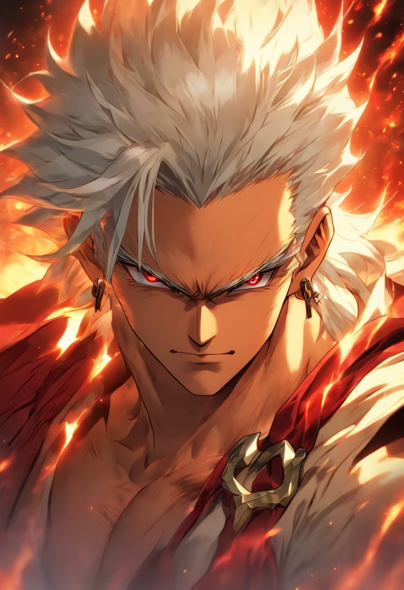 a male anime character with white hair and red eyes, character album cover, full art, antasy character, full art illustration, full portrait of elementalist, character profile art, official character art, official character illustration, merlin, high detailed official artwork, game key art, omoide emanon, oz, mobile game art, fangs, smurk, white hair, no shirt, muscular body, walking pose