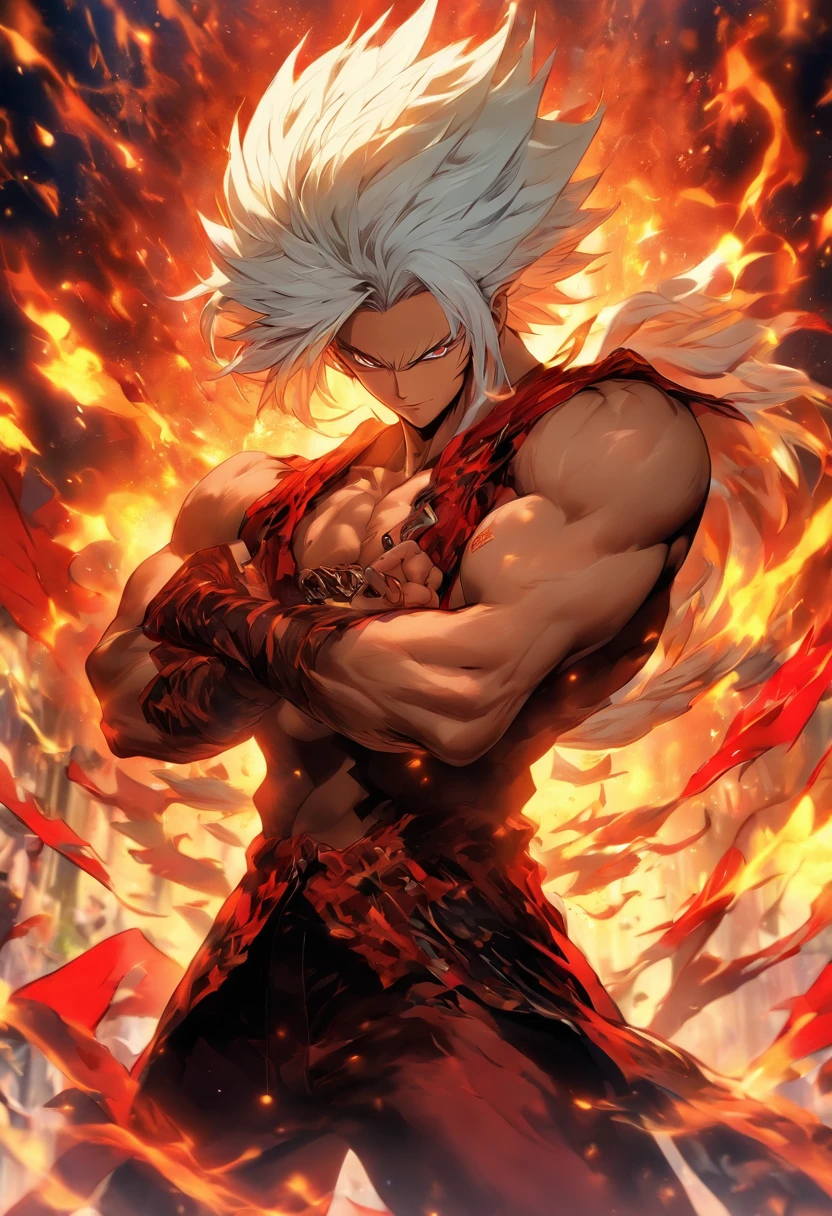 a male anime character with white hair and red eyes, character album cover, full art, antasy character, full art illustration, full portrait of elementalist, character profile art, official character art, official character illustration, merlin, high detailed official artwork, game key art, omoide emanon, oz, mobile game art, fangs, smurk, white hair, no shirt, muscular body, walking pose